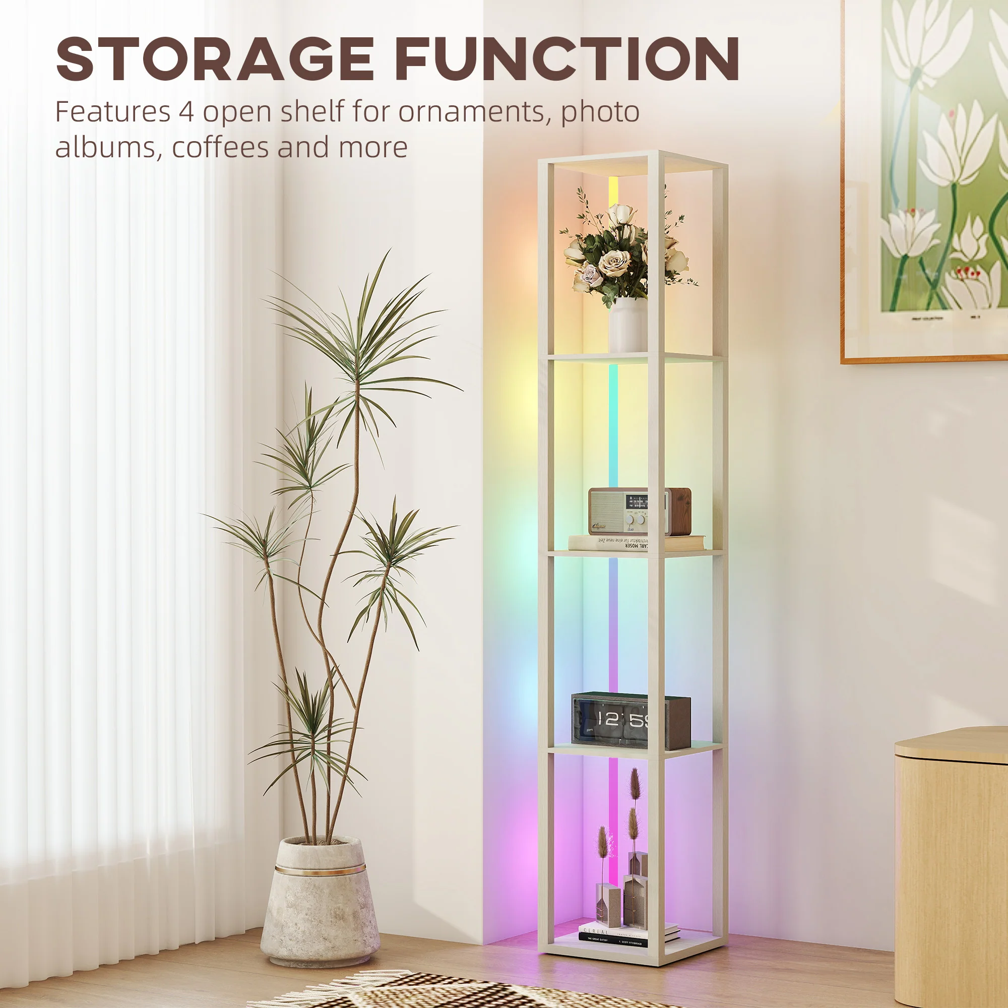 HOMCOM RGB LED Floor Lamp With Shelves And Remote Control For Bedroom - Image 4