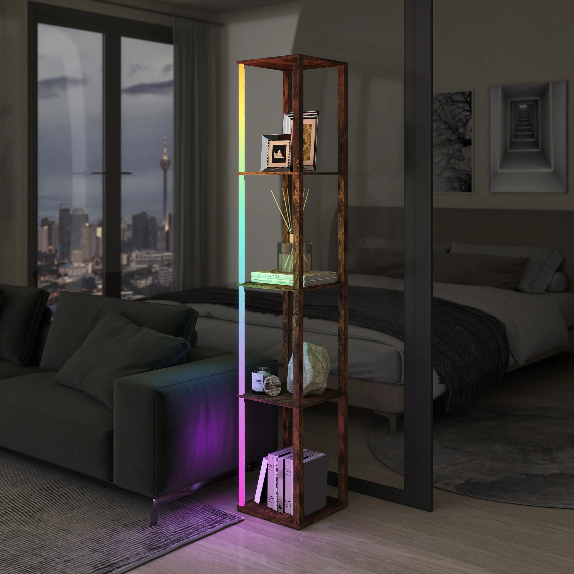 HOMCOM RGB LED Floor Lamp With Shelves And Remote Control For Bedroom - Image 45