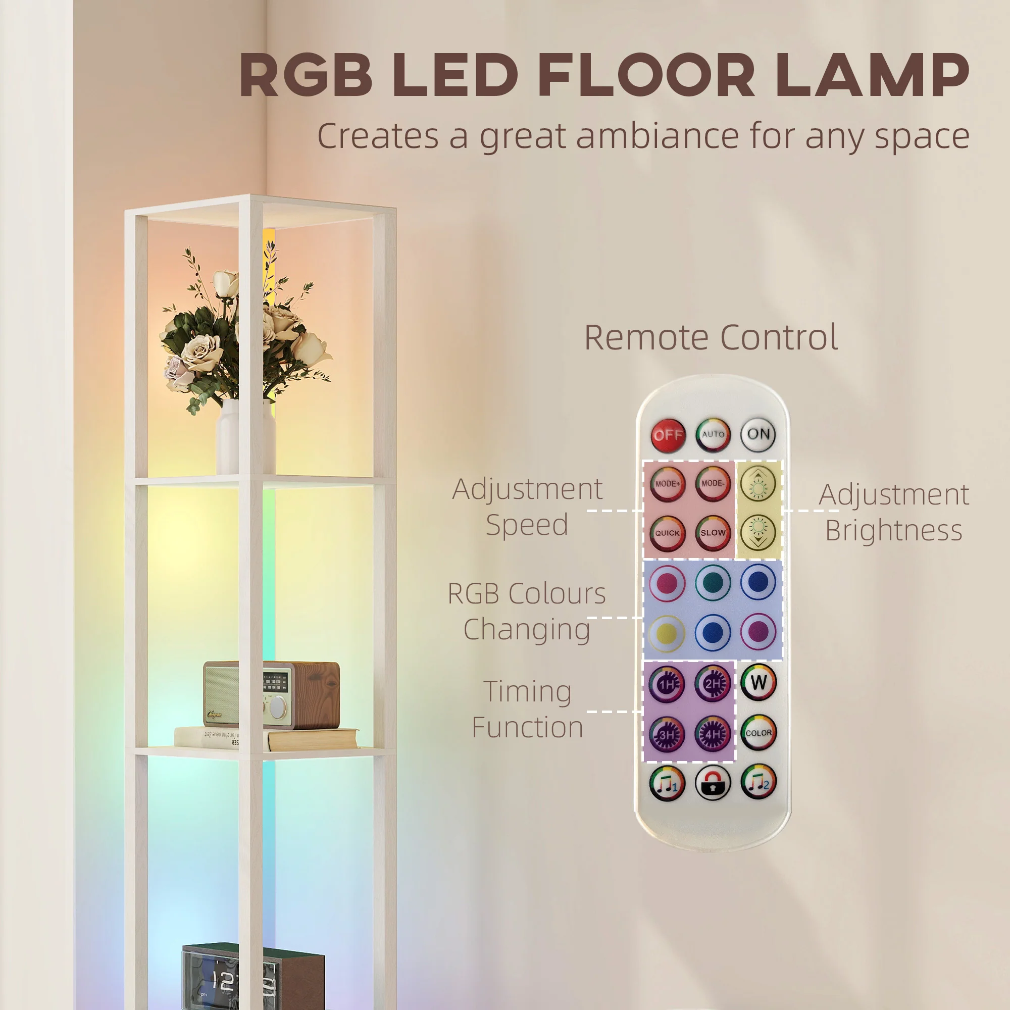 HOMCOM RGB LED Floor Lamp With Shelves And Remote Control For Bedroom - Image 48