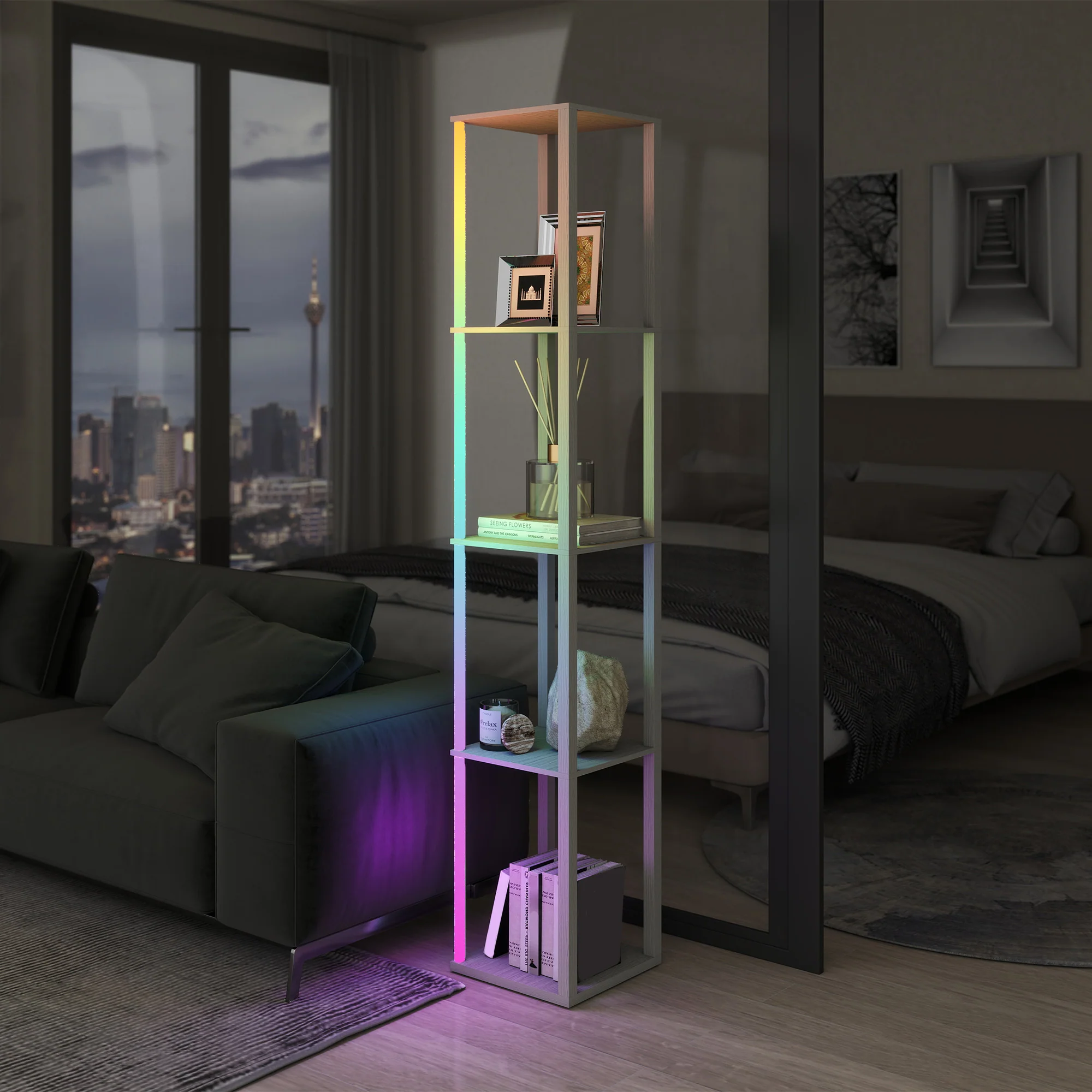 HOMCOM RGB LED Floor Lamp With Shelves And Remote Control For Bedroom - Image 9