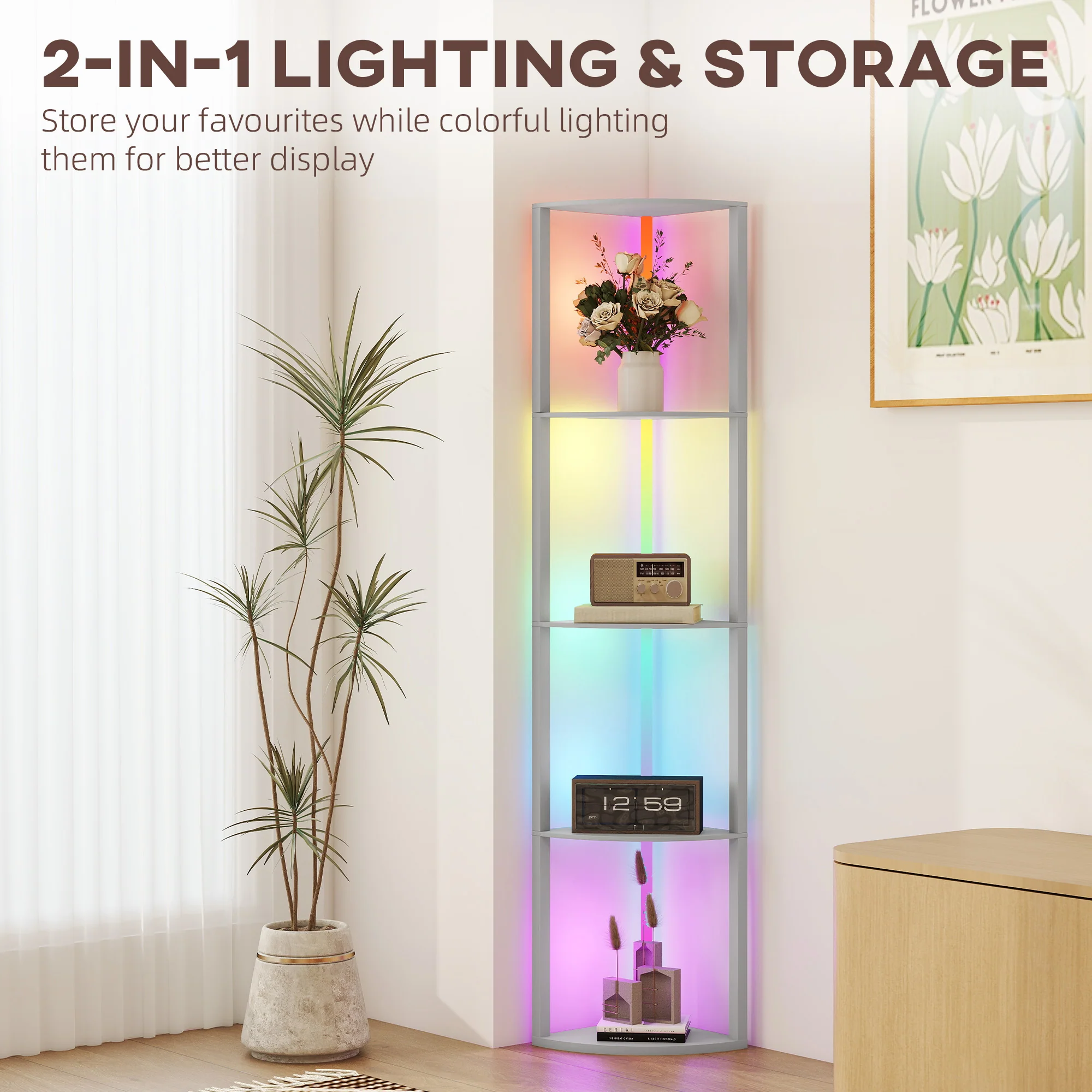 HOMCOM RGB LED Floor Lamp With Shelves And Remote Control For Living Room - Image 31