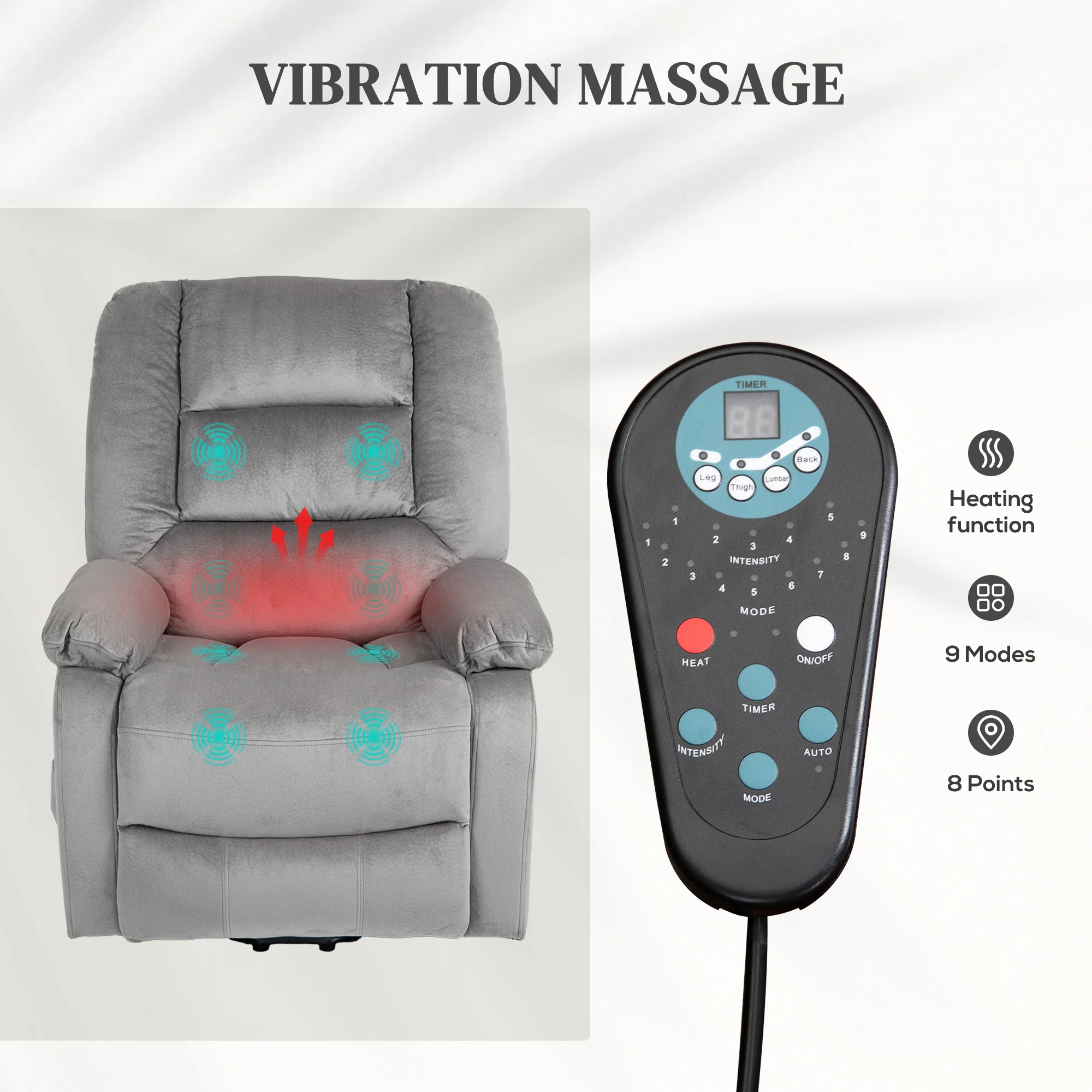 HOMCOM Riser And Recliner Chair Lift Chair With Vibration Massage, Heat, Grey - Image 4