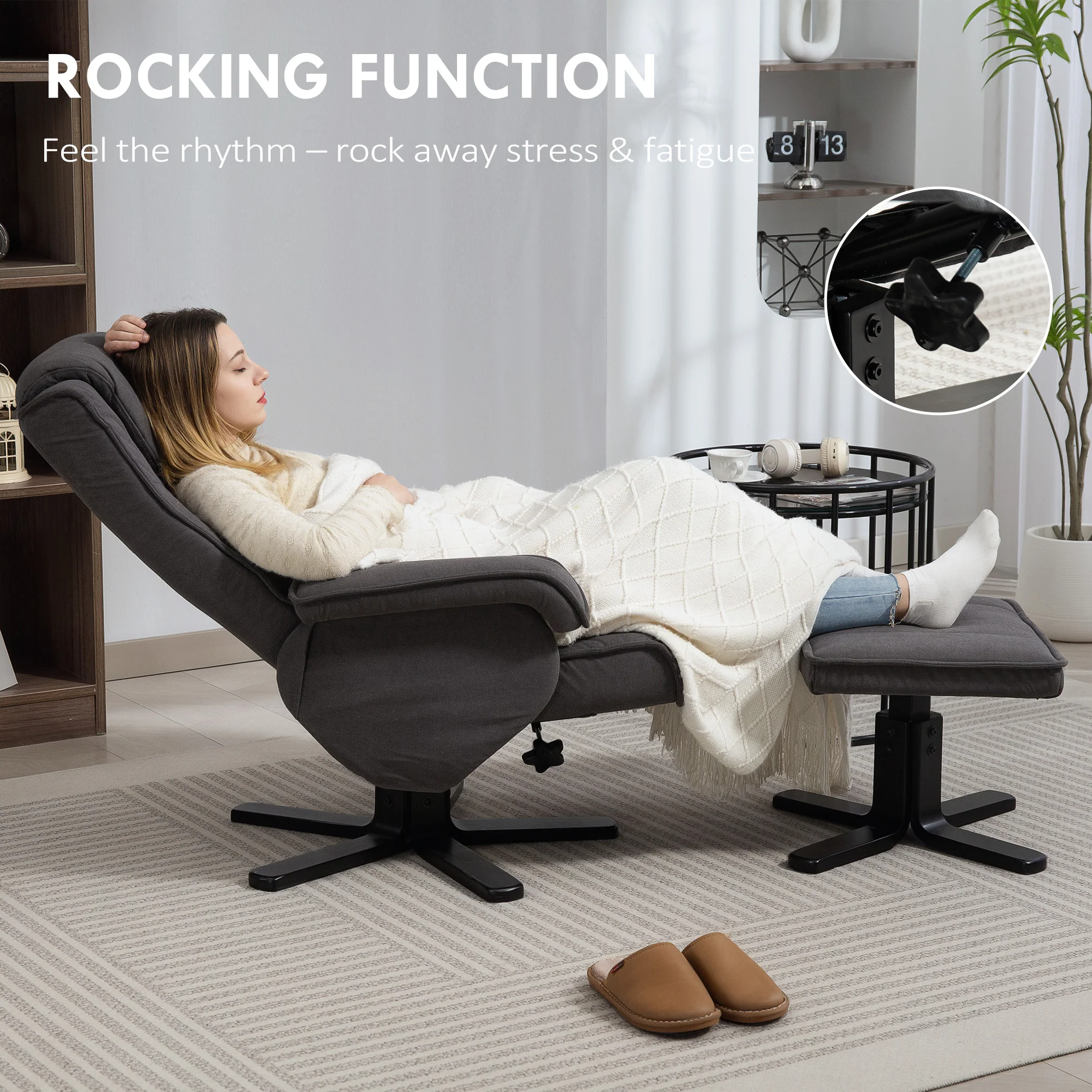 HOMCOM Rocker Swivel Recliner Chair With Footstool, Upholstered - Image 13