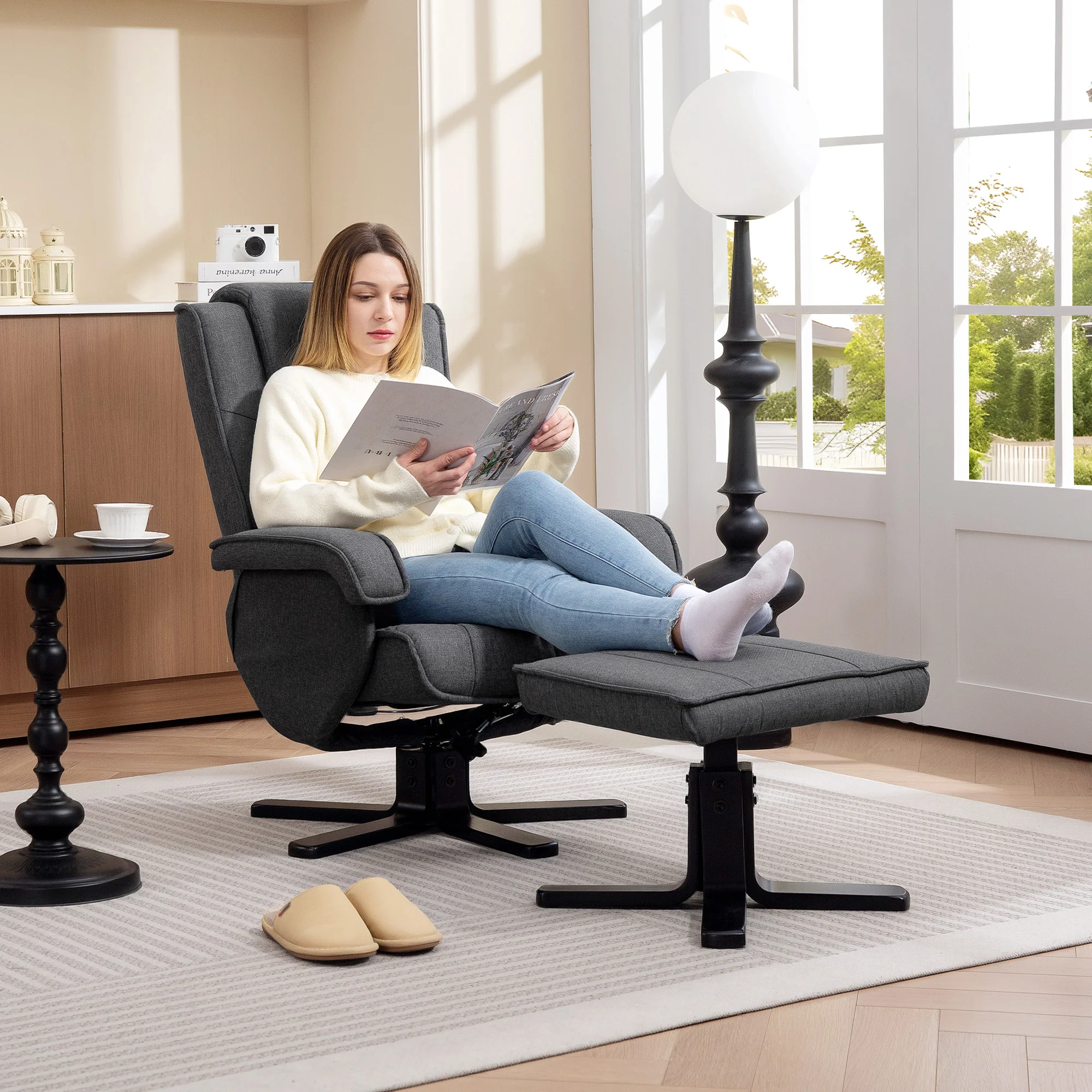 HOMCOM Rocker Swivel Recliner Chair With Footstool, Upholstered - Image 2