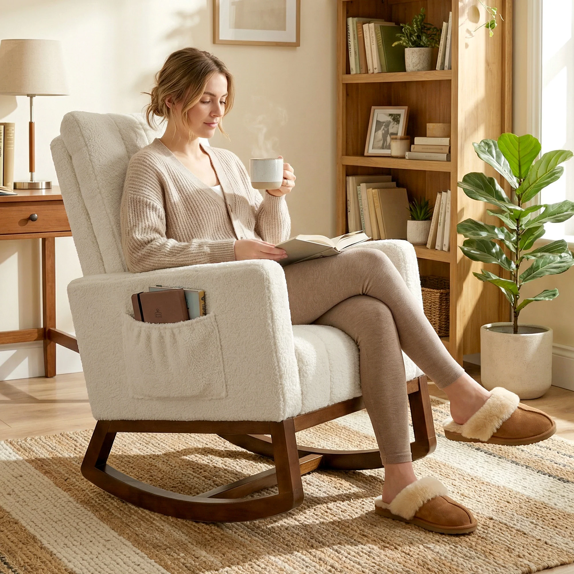 HOMCOM Rocking Chair for Adults, Lounge Rocker w/ Lumbar Pillow, Cream White - Image 2