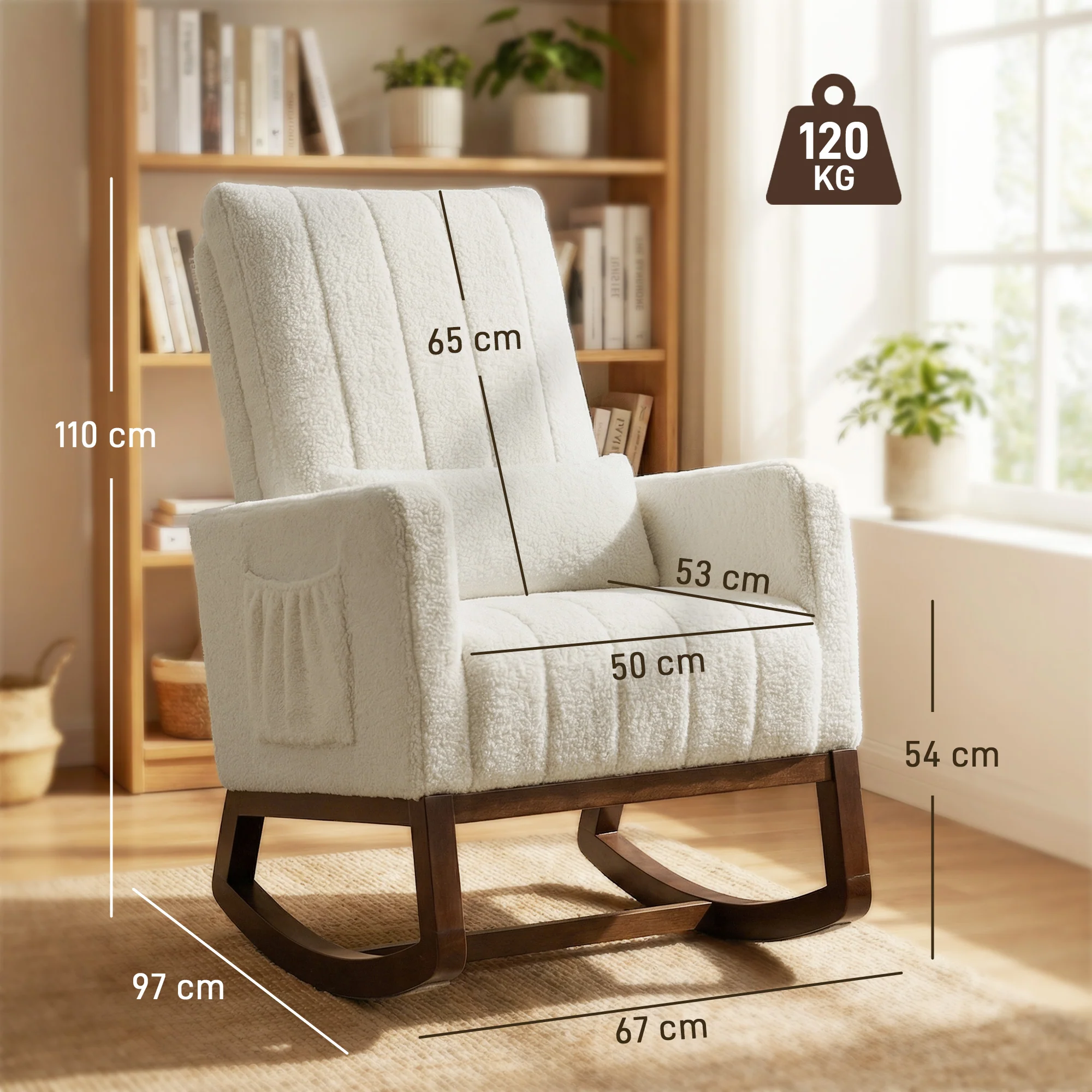 HOMCOM Rocking Chair for Adults, Lounge Rocker w/ Lumbar Pillow, Cream White - Image 3