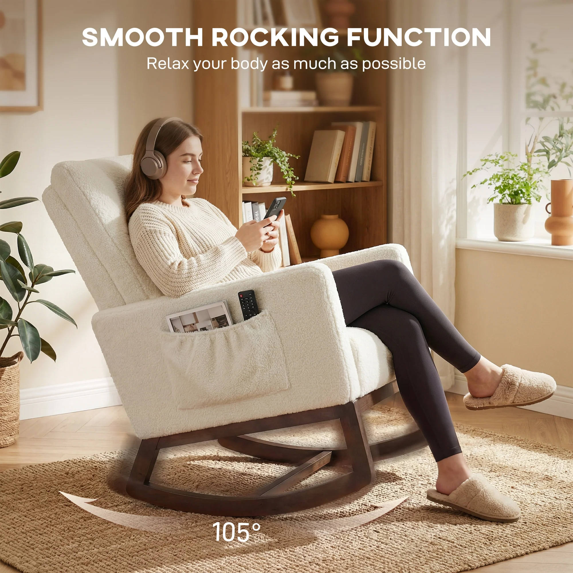 HOMCOM Rocking Chair for Adults, Lounge Rocker w/ Lumbar Pillow, Cream White - Image 4