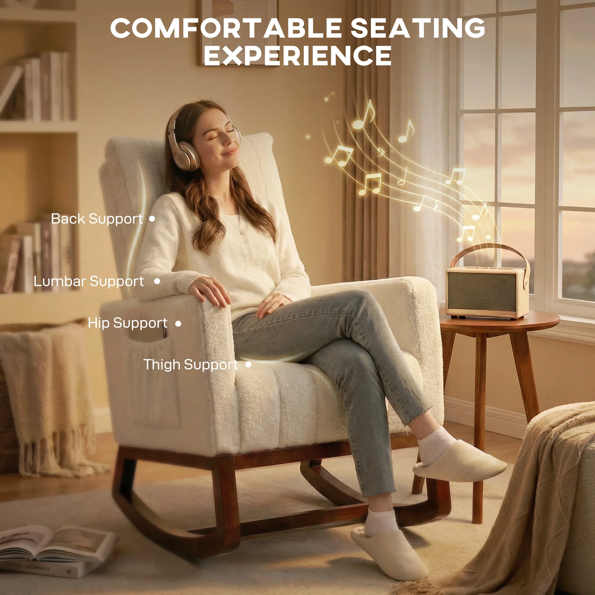 HOMCOM Rocking Chair for Adults, Lounge Rocker w/ Lumbar Pillow, Cream White - Image 5