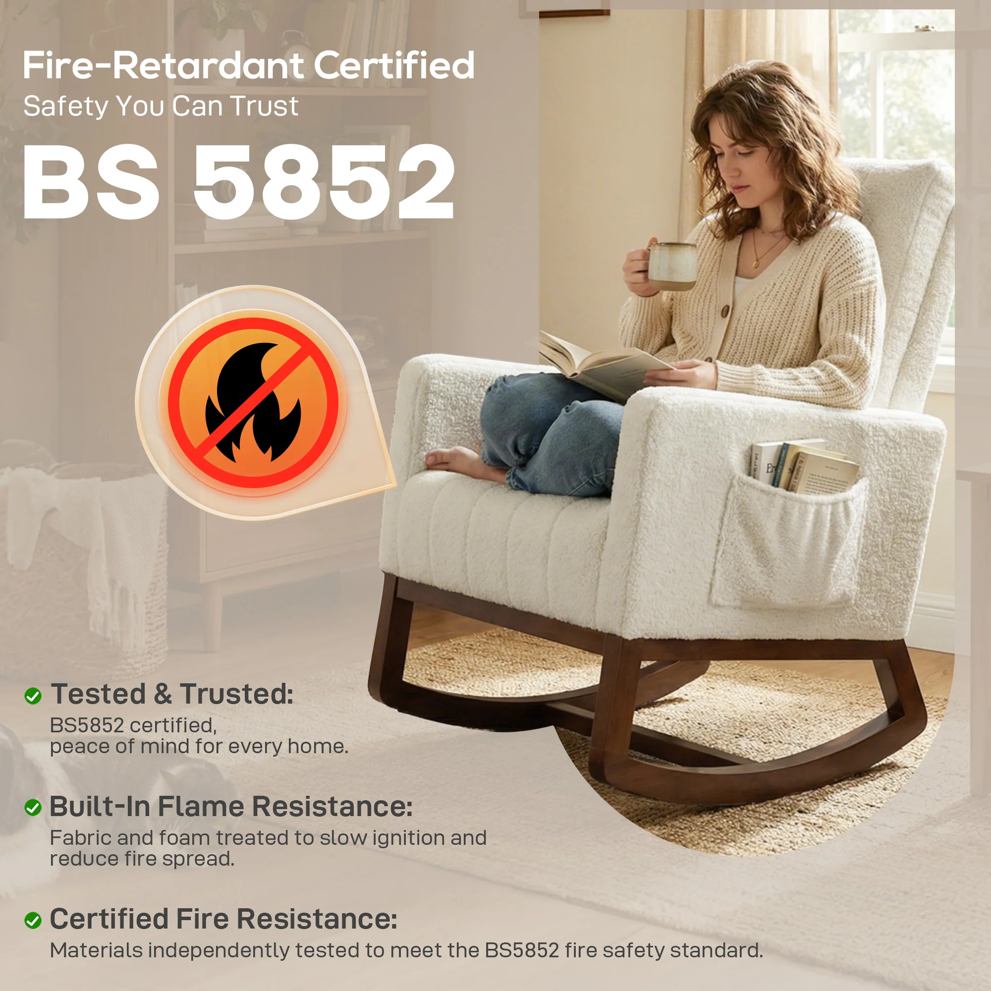 HOMCOM Rocking Chair for Adults, Lounge Rocker w/ Lumbar Pillow, Cream White - Image 9