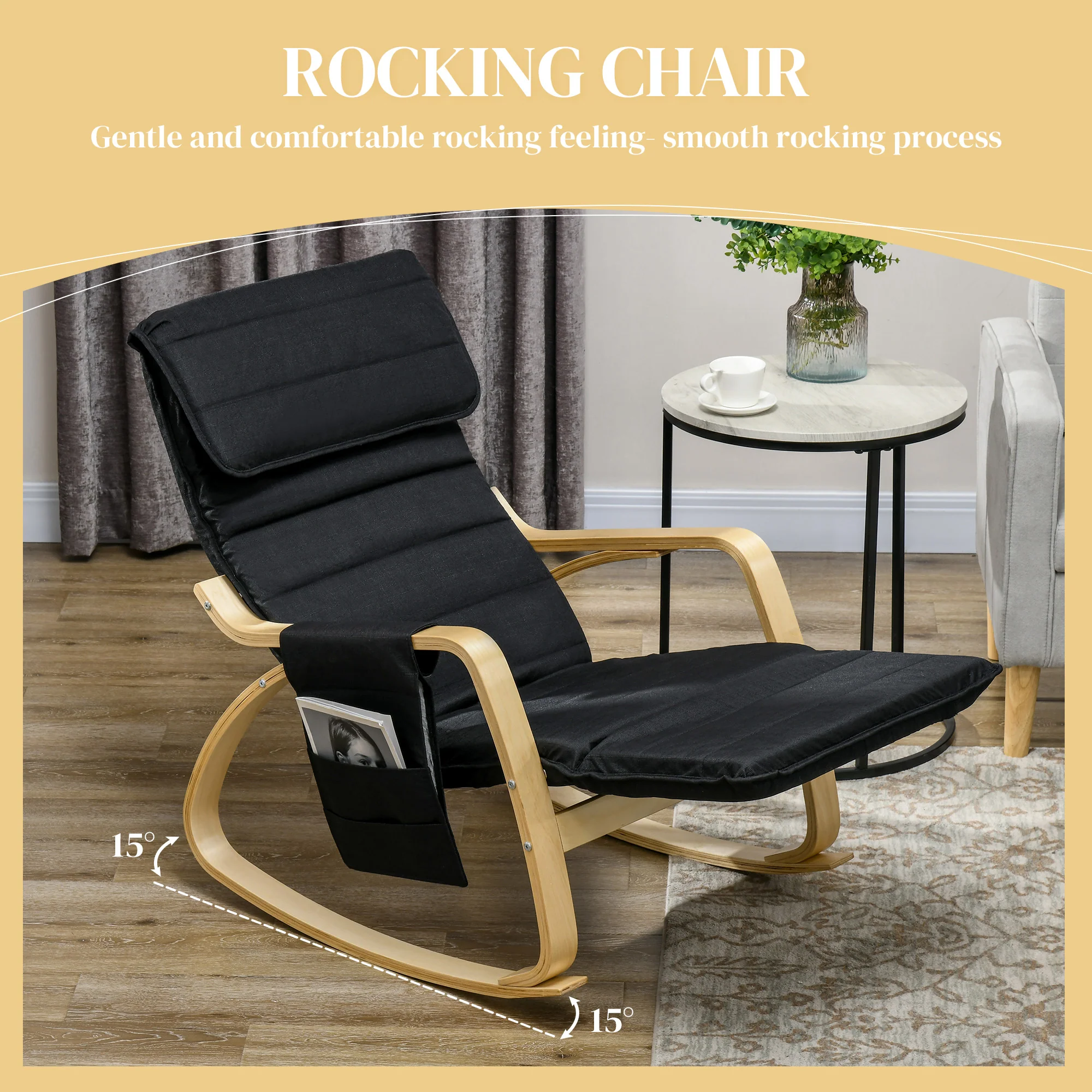 HOMCOM Rocking Chair Recliner Armchair With Adjustable Footrest, Black - Image 3