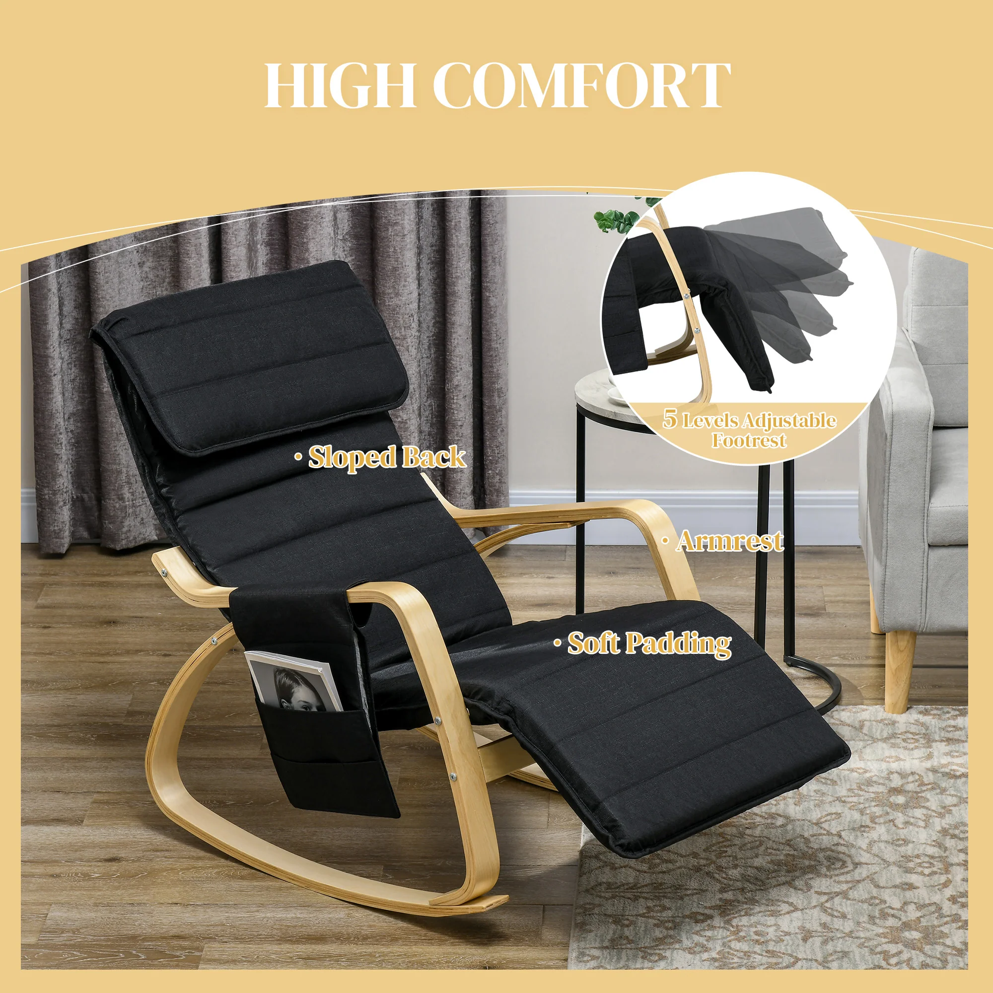HOMCOM Rocking Chair Recliner Armchair With Adjustable Footrest, Black - Image 4