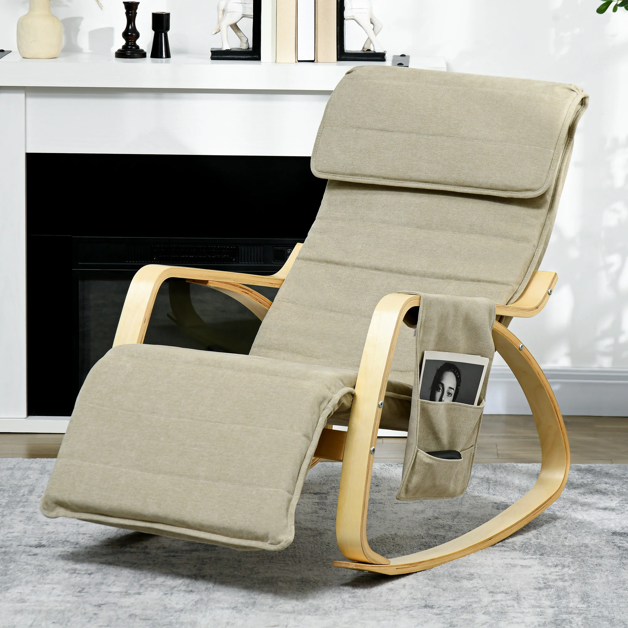 HOMCOM Rocking Chair Recliner Armchair With Adjustable Footrest, Khaki - Image 2