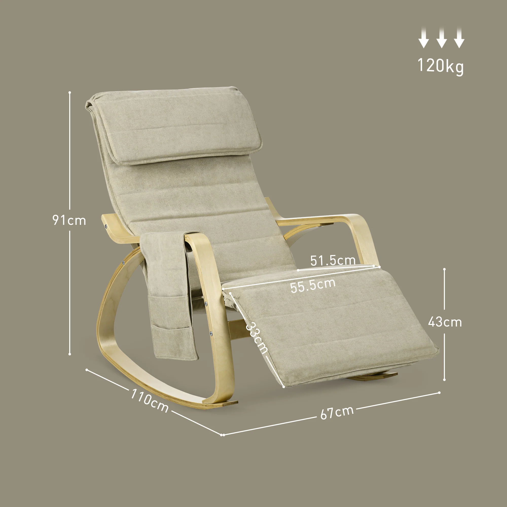 HOMCOM Rocking Chair Recliner Armchair With Adjustable Footrest, Khaki - Image 5