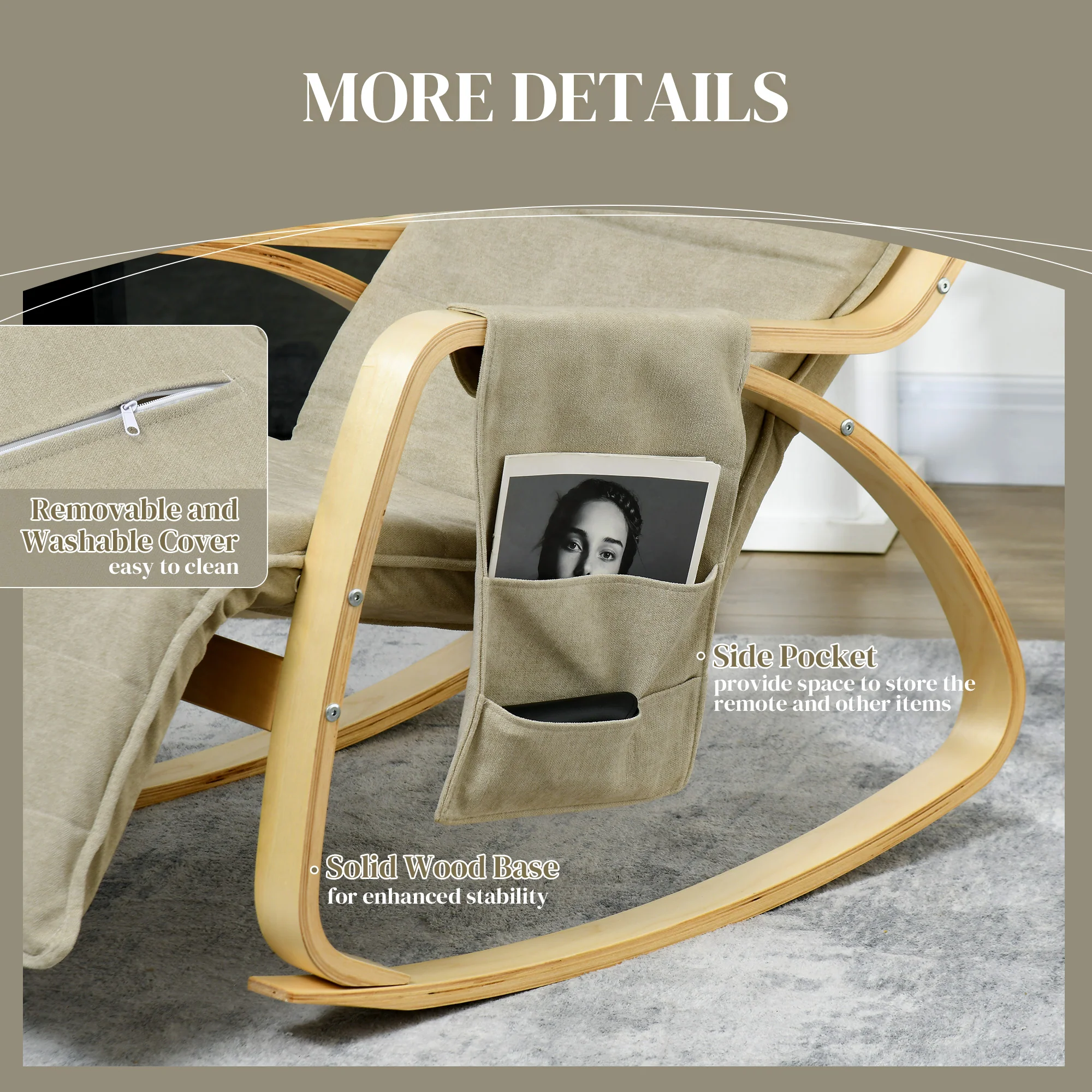 HOMCOM Rocking Chair Recliner Armchair With Adjustable Footrest, Khaki - Image 6
