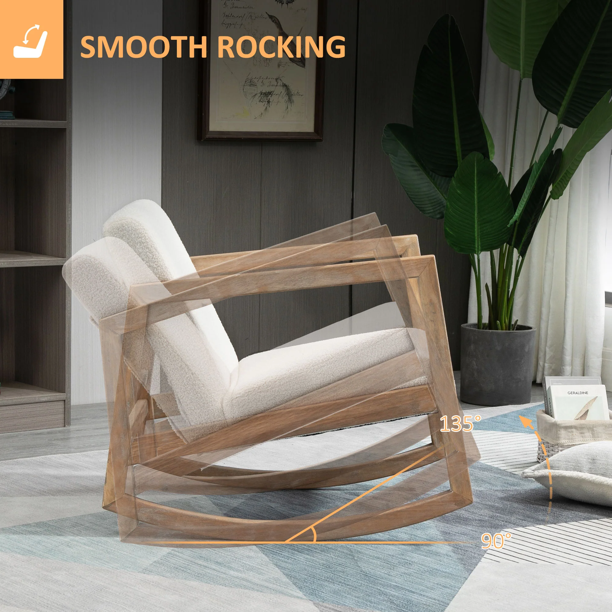 HOMCOM Rocking Chair Upholstered Armchair Wooden Accent Chair Cream - Image 13