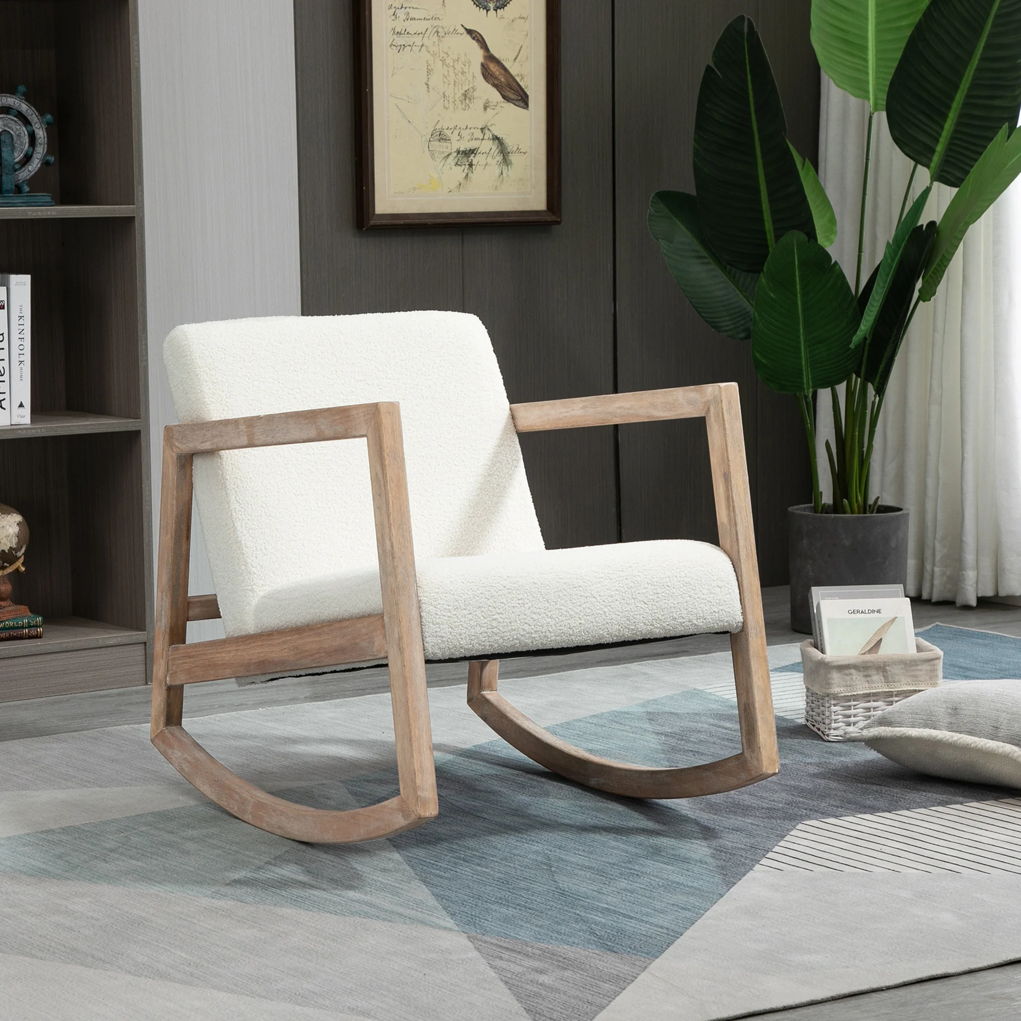 HOMCOM Rocking Chair Upholstered Armchair Wooden Accent Chair Cream - Image 3