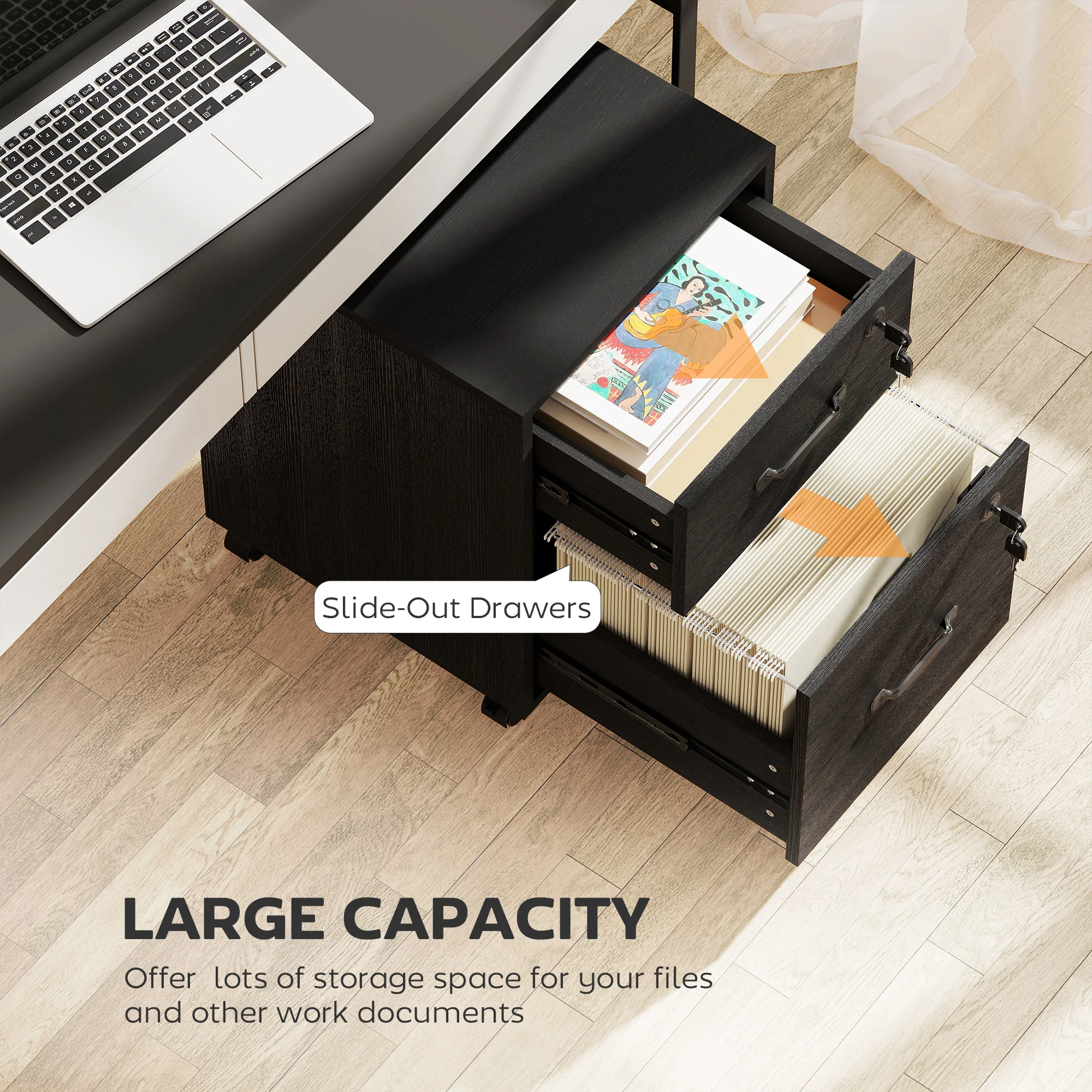 HOMCOM Roll File Cabinet with Drawer, Organiser Letter Size, Black - Image 3