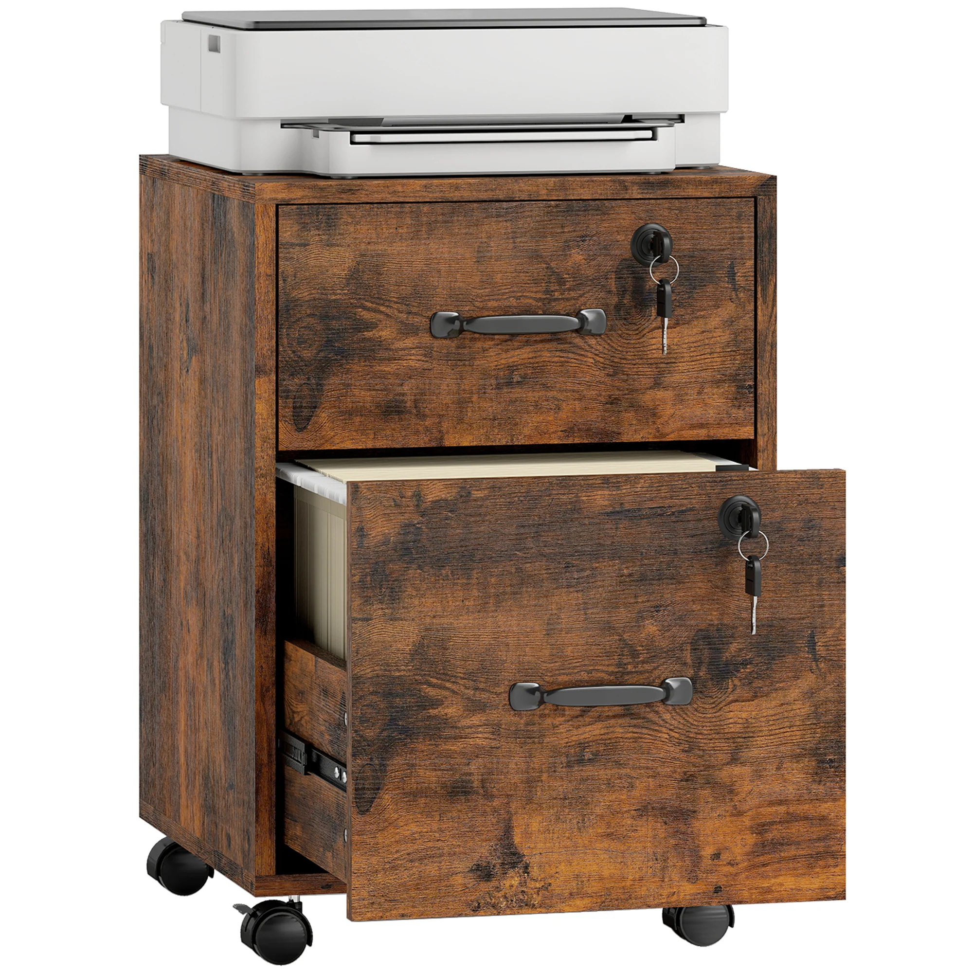 HOMCOM Roll File Cabinet with Drawer, Organiser Letter Size, Rustic Brown