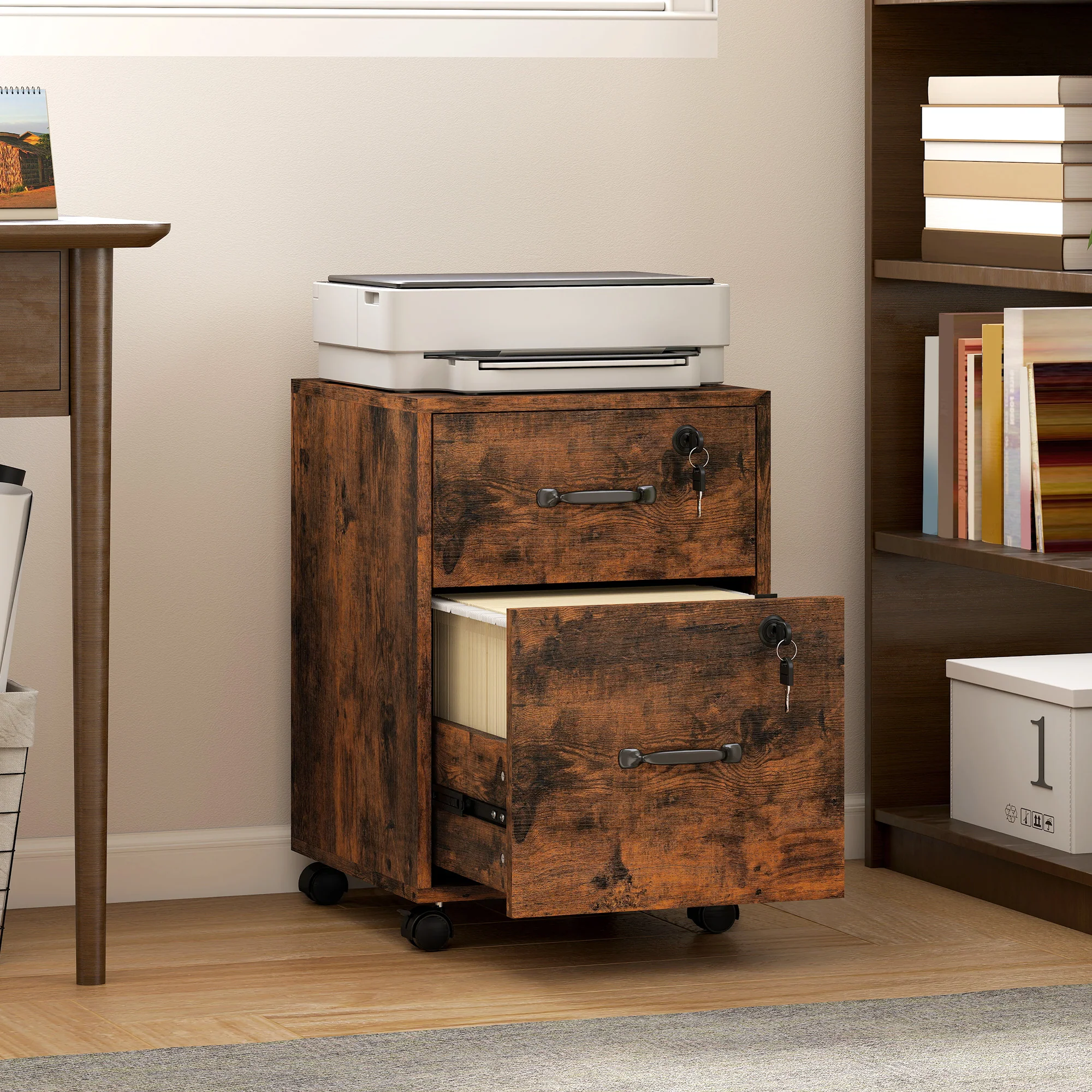 HOMCOM Roll File Cabinet with Drawer, Organiser Letter Size, Rustic Brown - Image 2