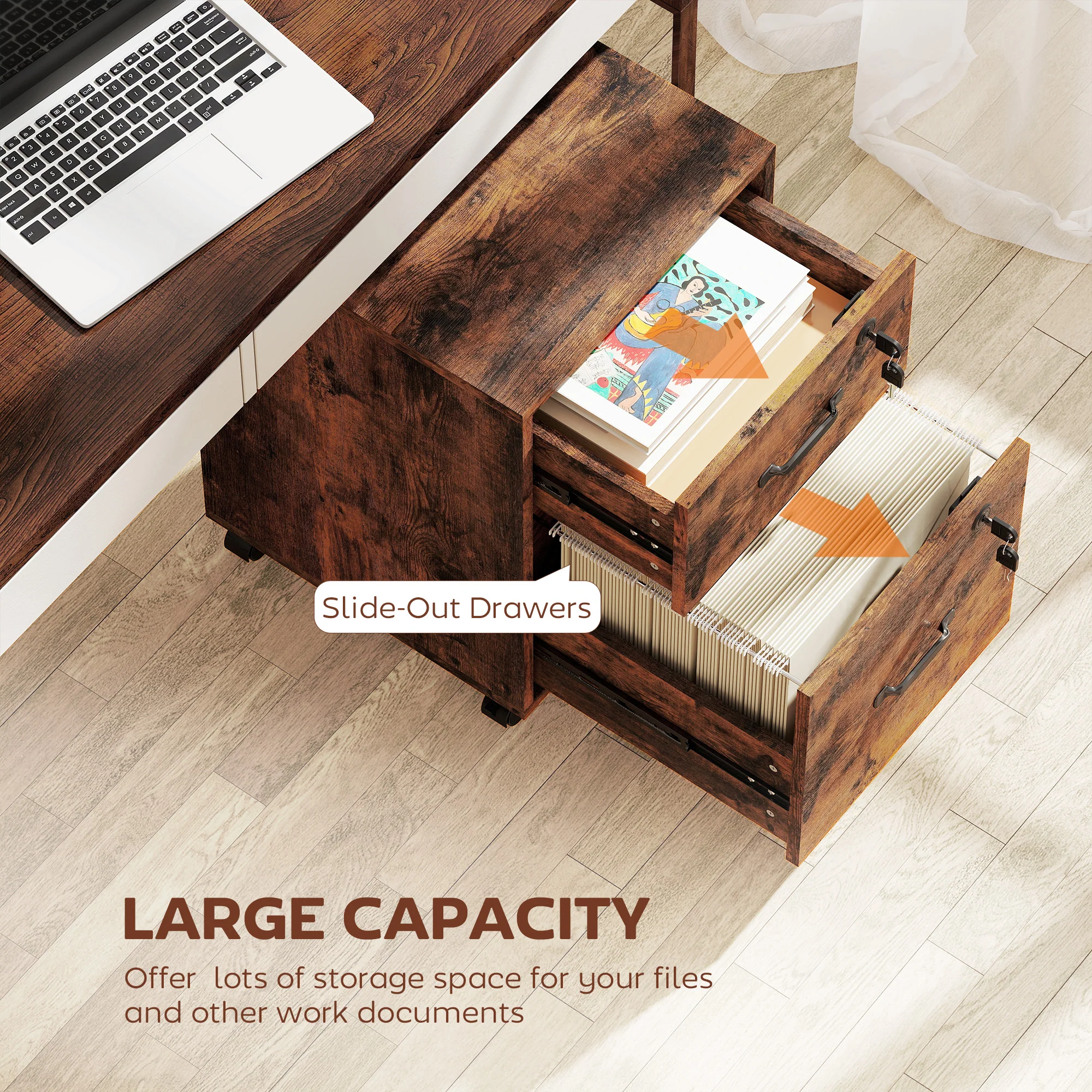 HOMCOM Roll File Cabinet with Drawer, Organiser Letter Size, Rustic Brown - Image 3