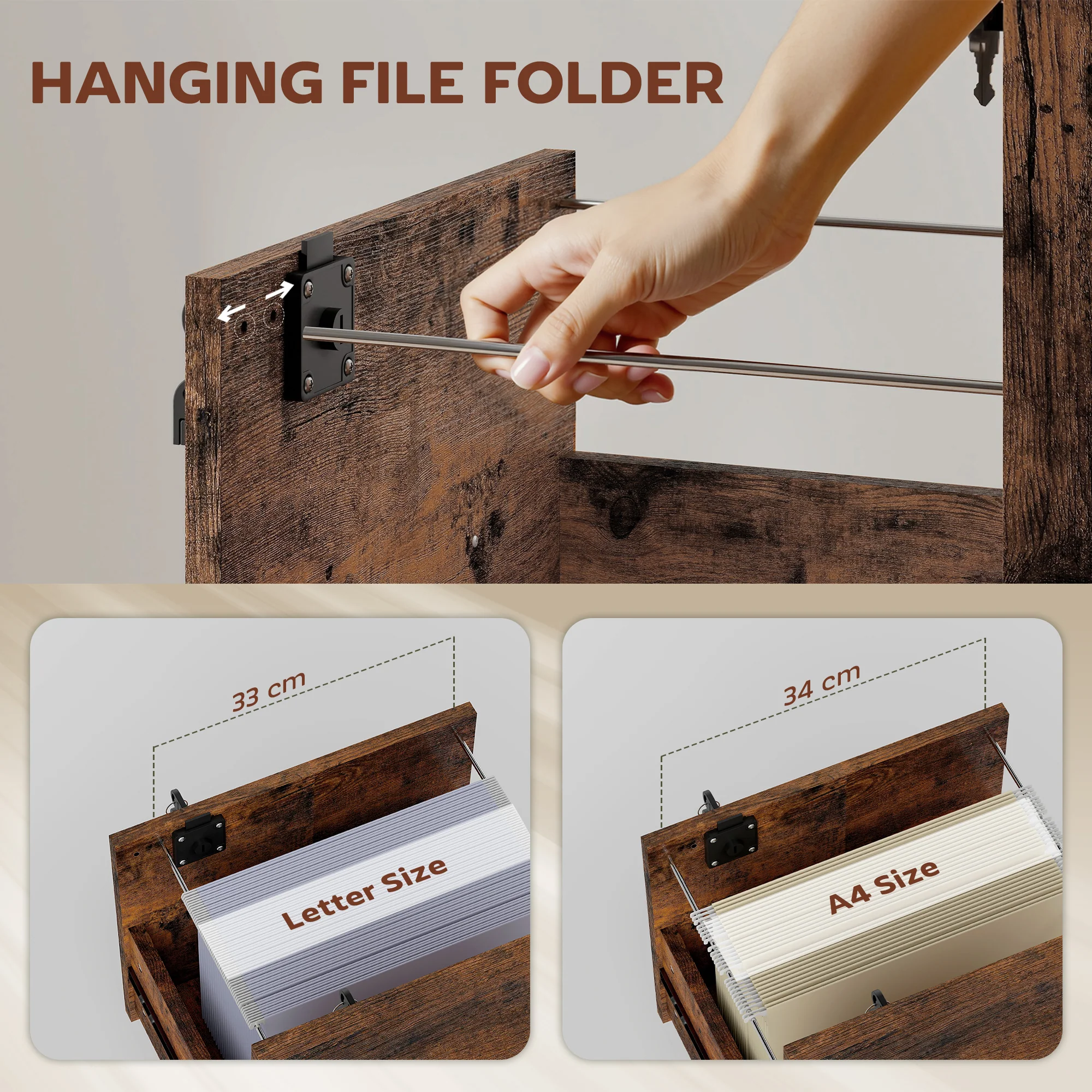 HOMCOM Roll File Cabinet with Drawer, Organiser Letter Size, Rustic Brown - Image 4