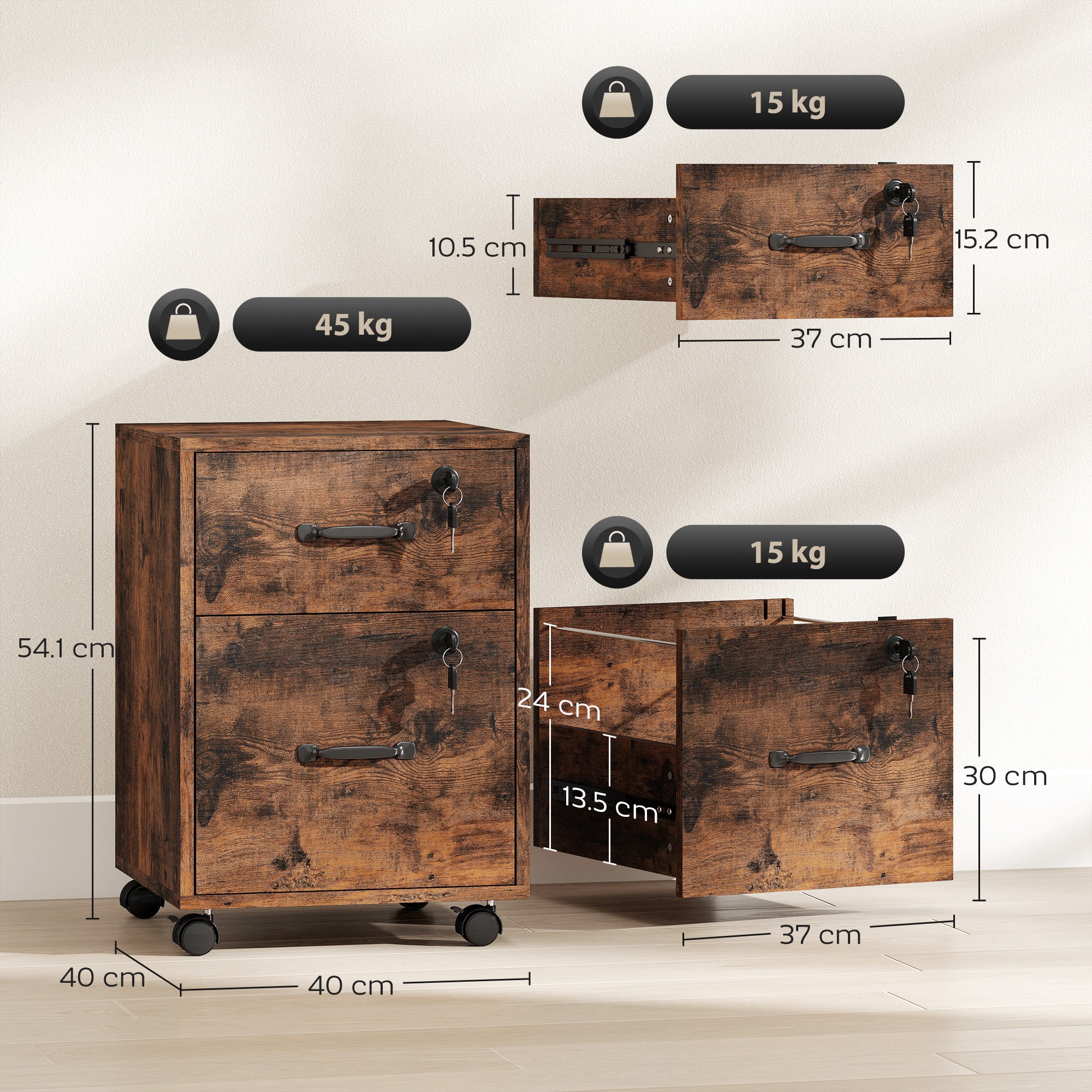 HOMCOM Roll File Cabinet with Drawer, Organiser Letter Size, Rustic Brown - Image 5