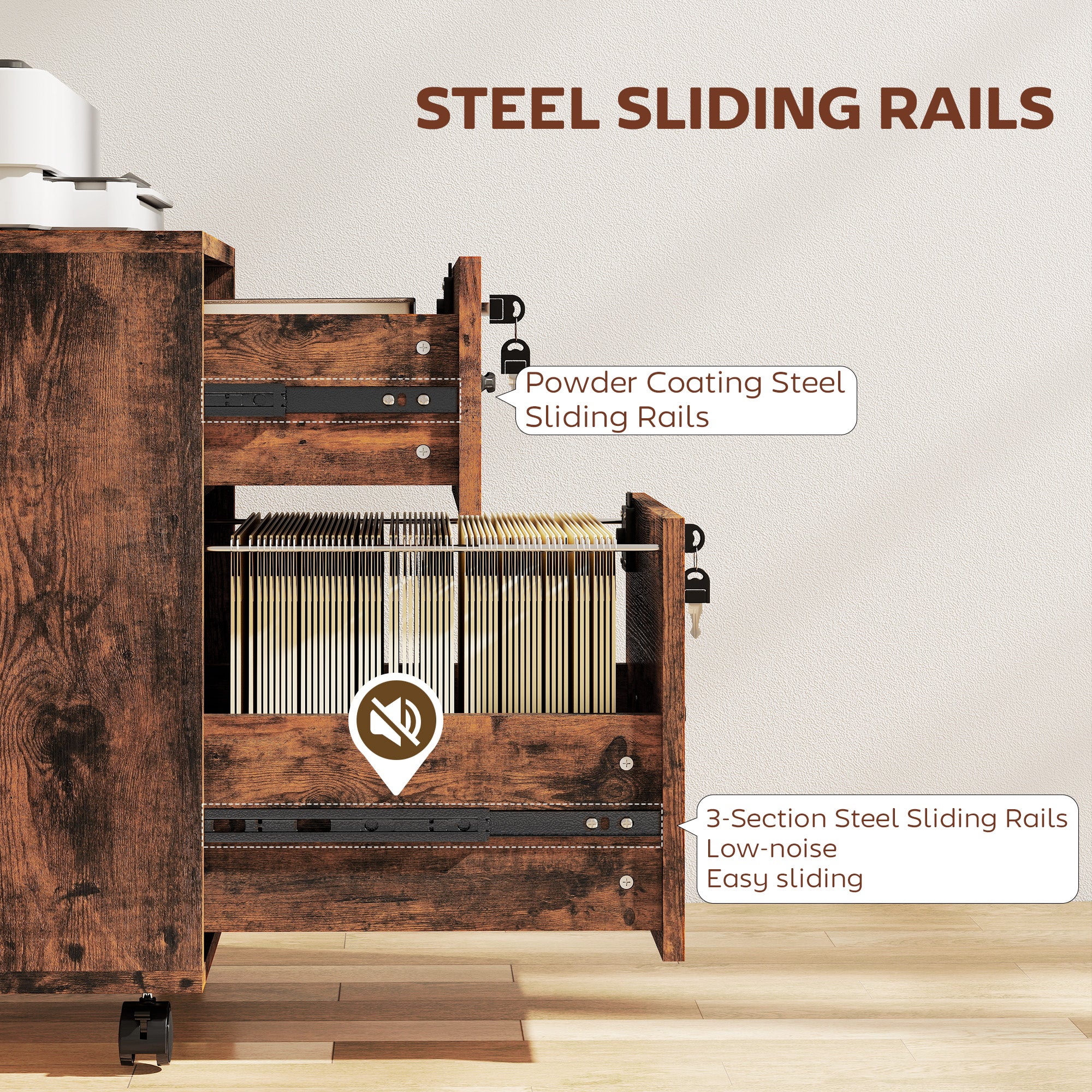 HOMCOM Roll File Cabinet with Drawer, Organiser Letter Size, Rustic Brown - Image 8