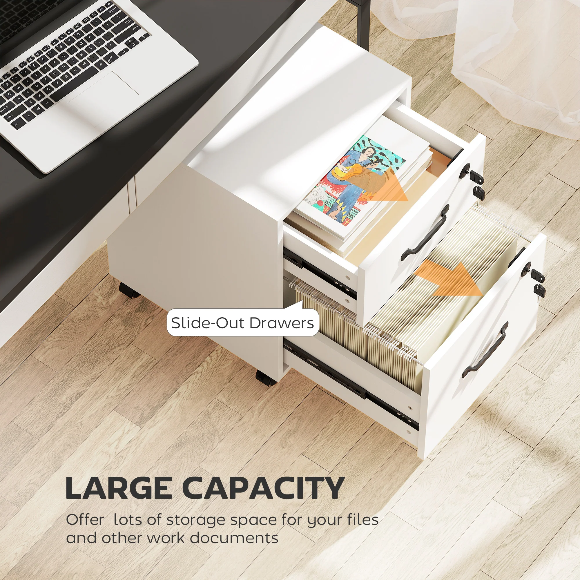 HOMCOM Roll File Cabinet with Drawer, Organiser Letter Size, White - Image 3