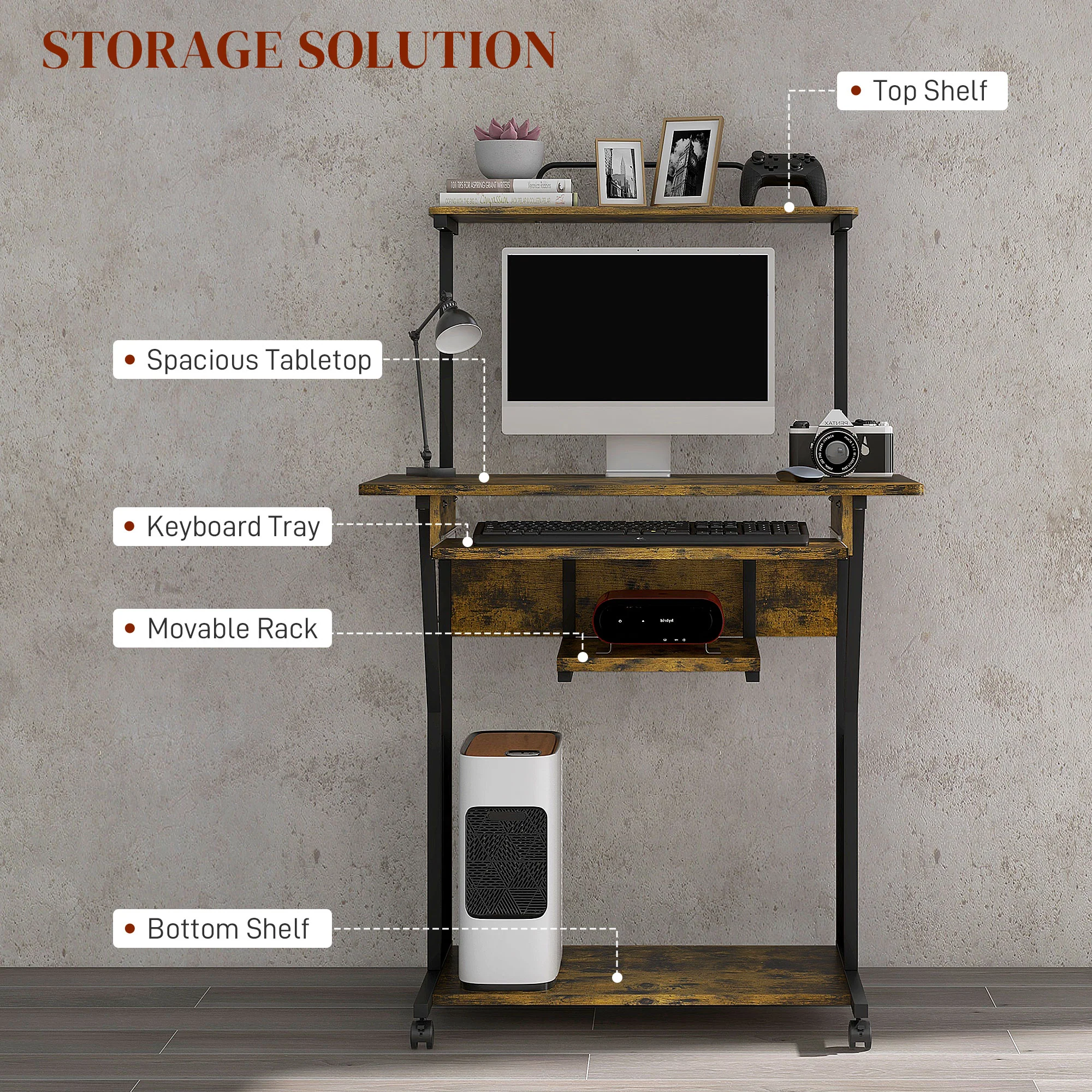 HOMCOM Rolling Computer Desk with Keyboard Tray Storage Shelves Rustic Brown - Image 3