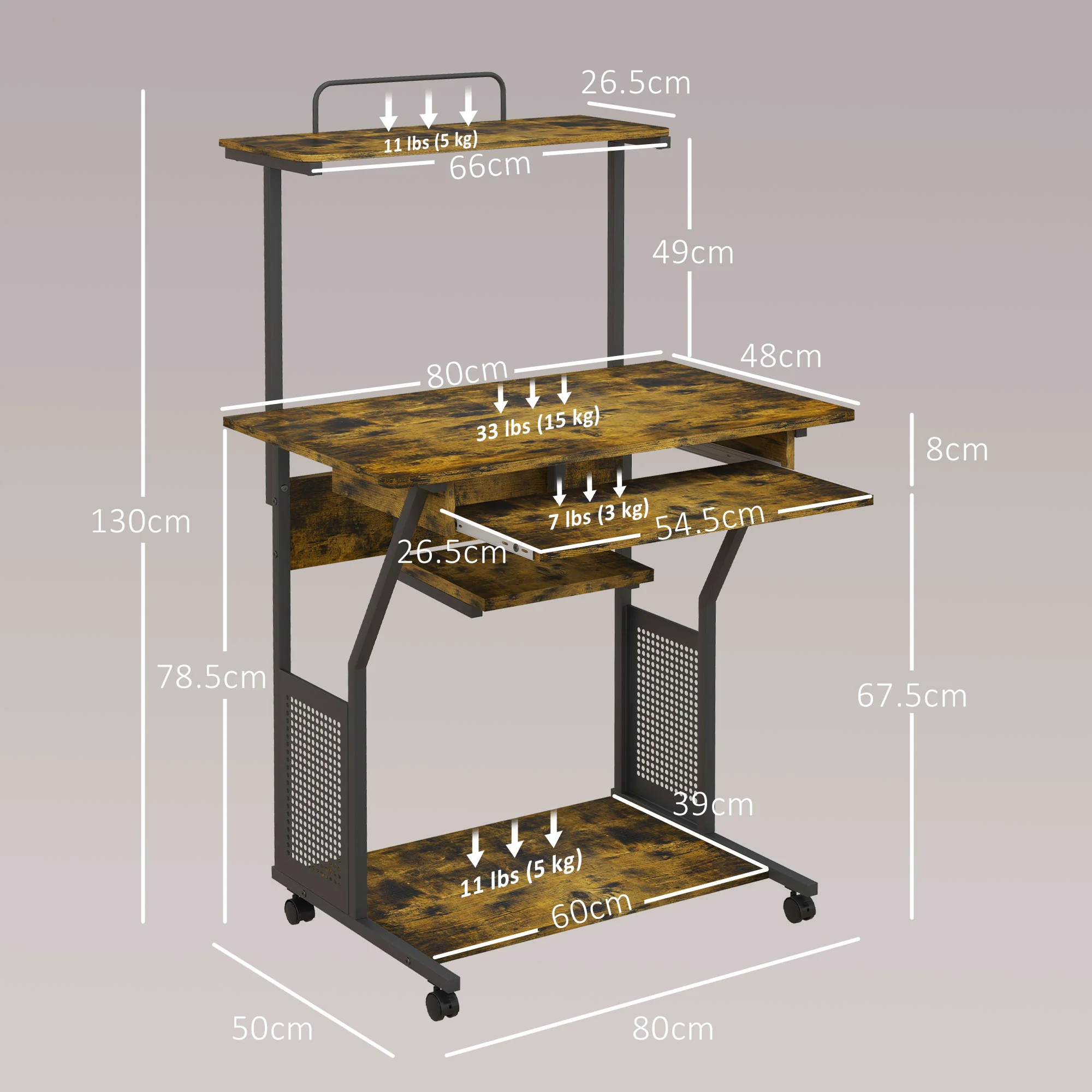 HOMCOM Rolling Computer Desk with Keyboard Tray Storage Shelves Rustic Brown - Image 5