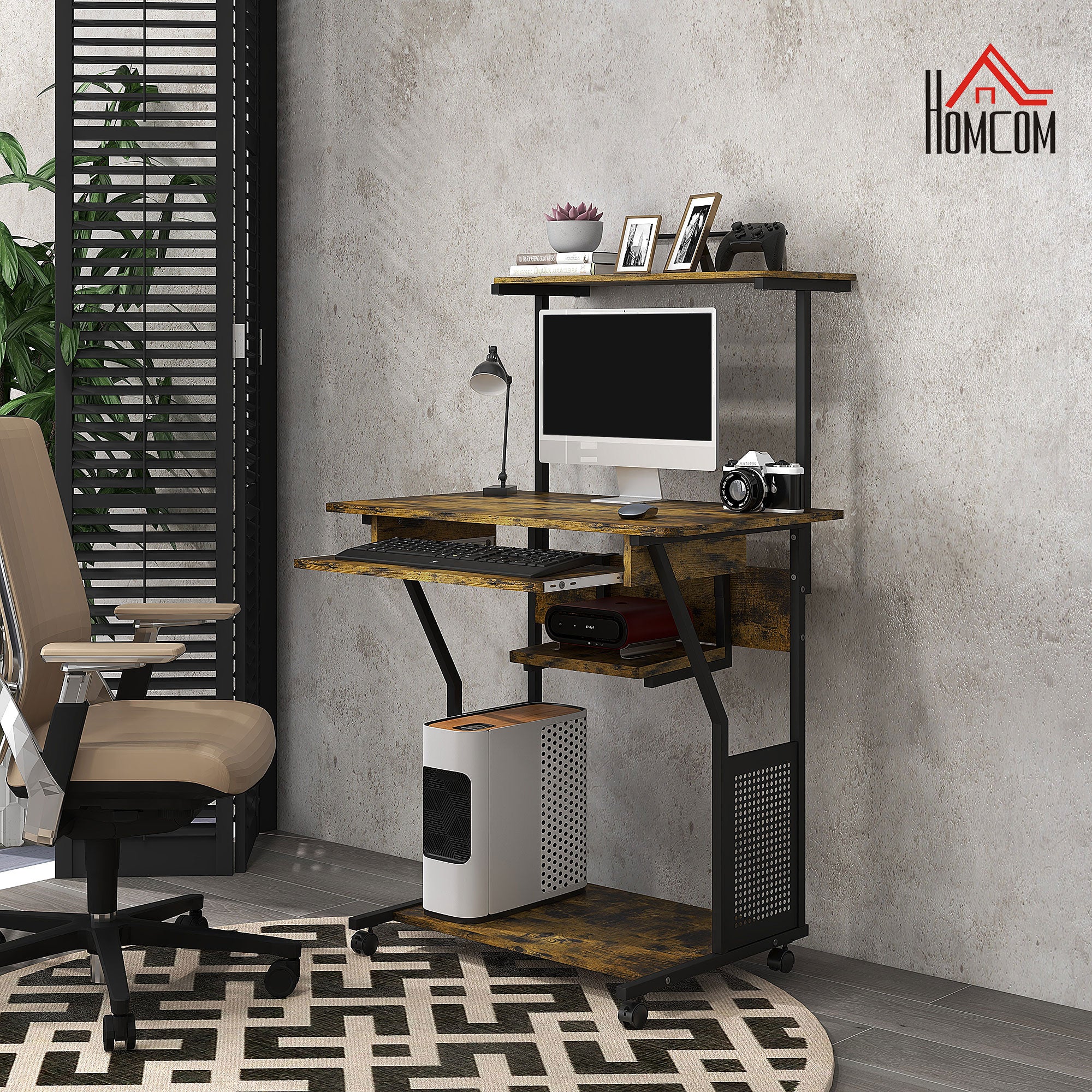 HOMCOM Rolling Computer Desk with Keyboard Tray Storage Shelves Rustic Brown - Image 6