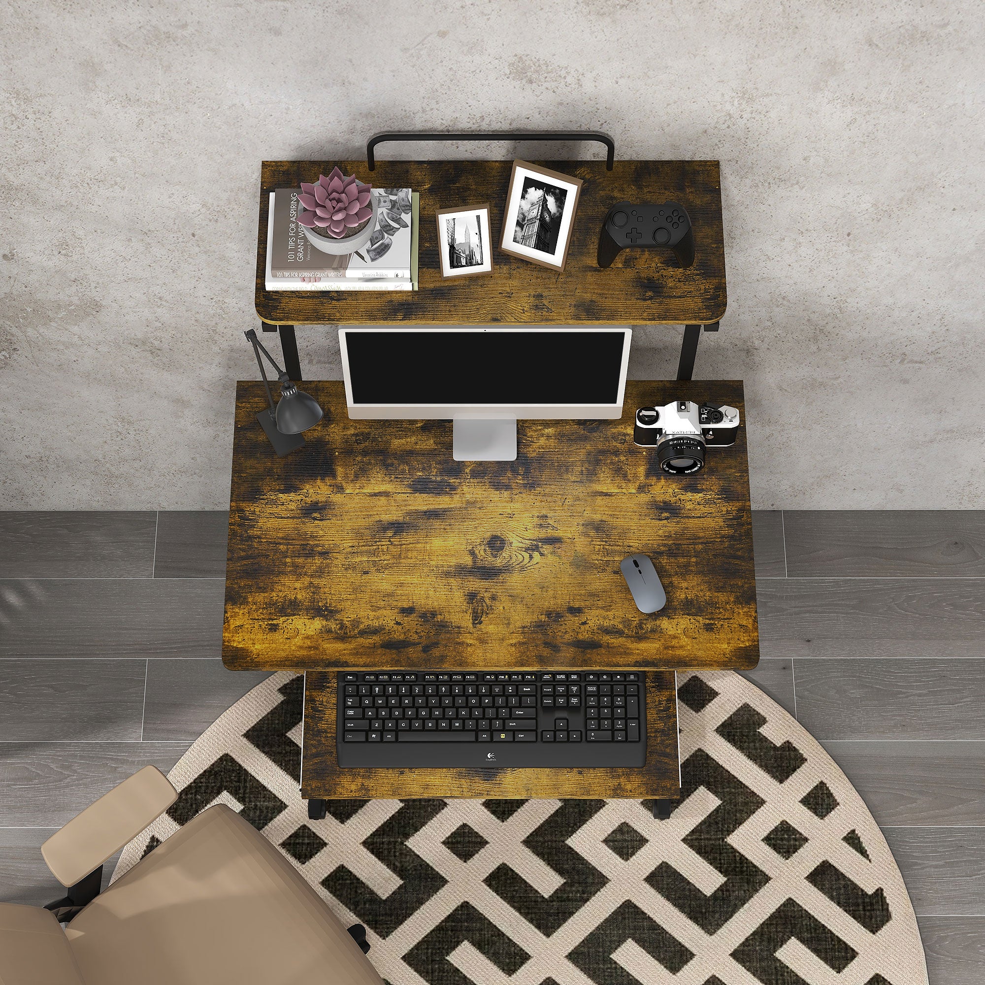 HOMCOM Rolling Computer Desk with Keyboard Tray Storage Shelves Rustic Brown - Image 7