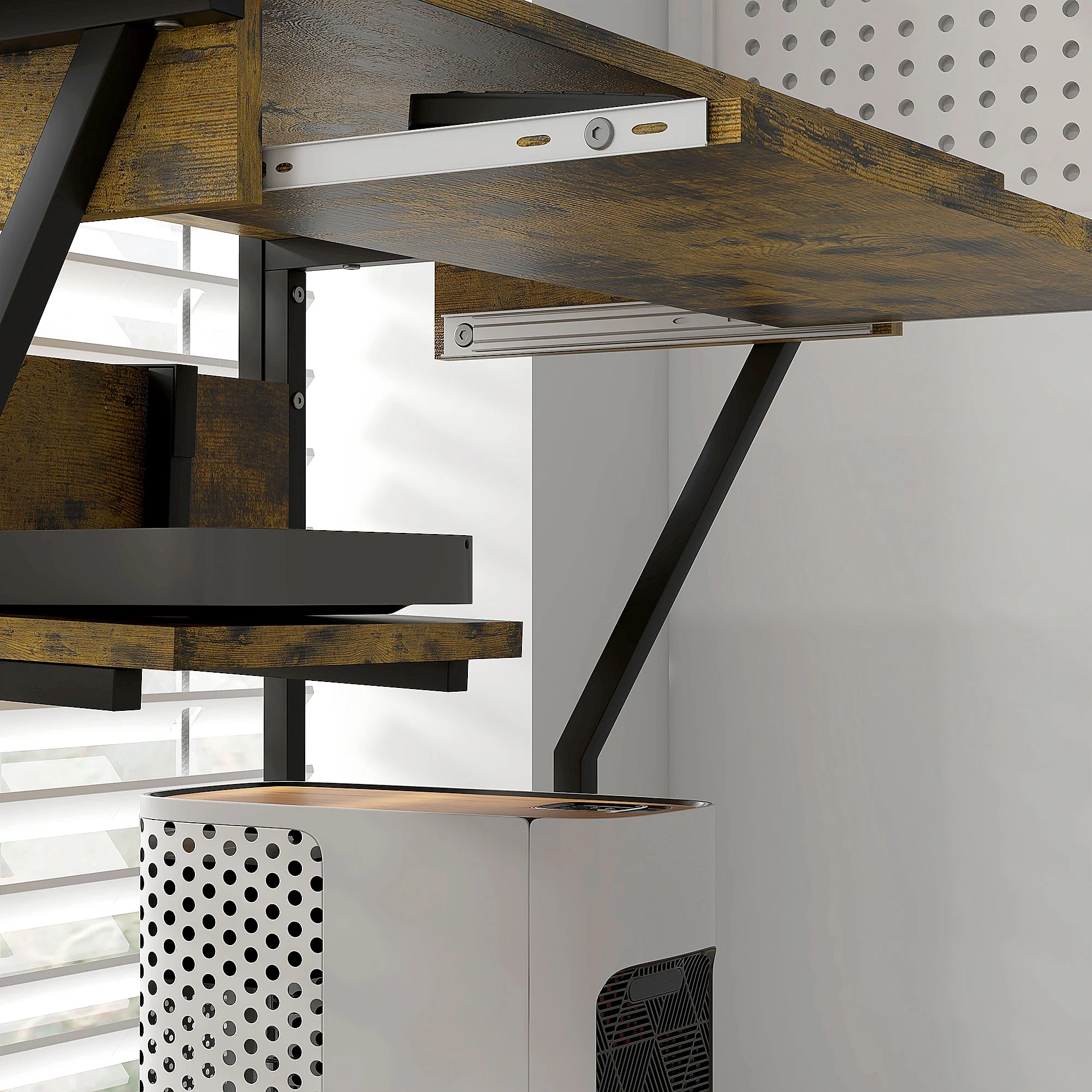 HOMCOM Rolling Computer Desk with Keyboard Tray Storage Shelves Rustic Brown - Image 9