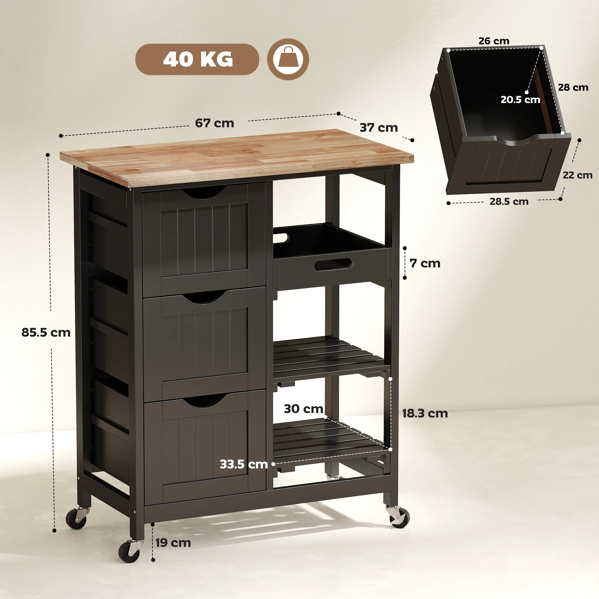 HOMCOM Rolling Kitchen Island Cart, Bar Serving Cart, Compact Trolley Black - Image 5