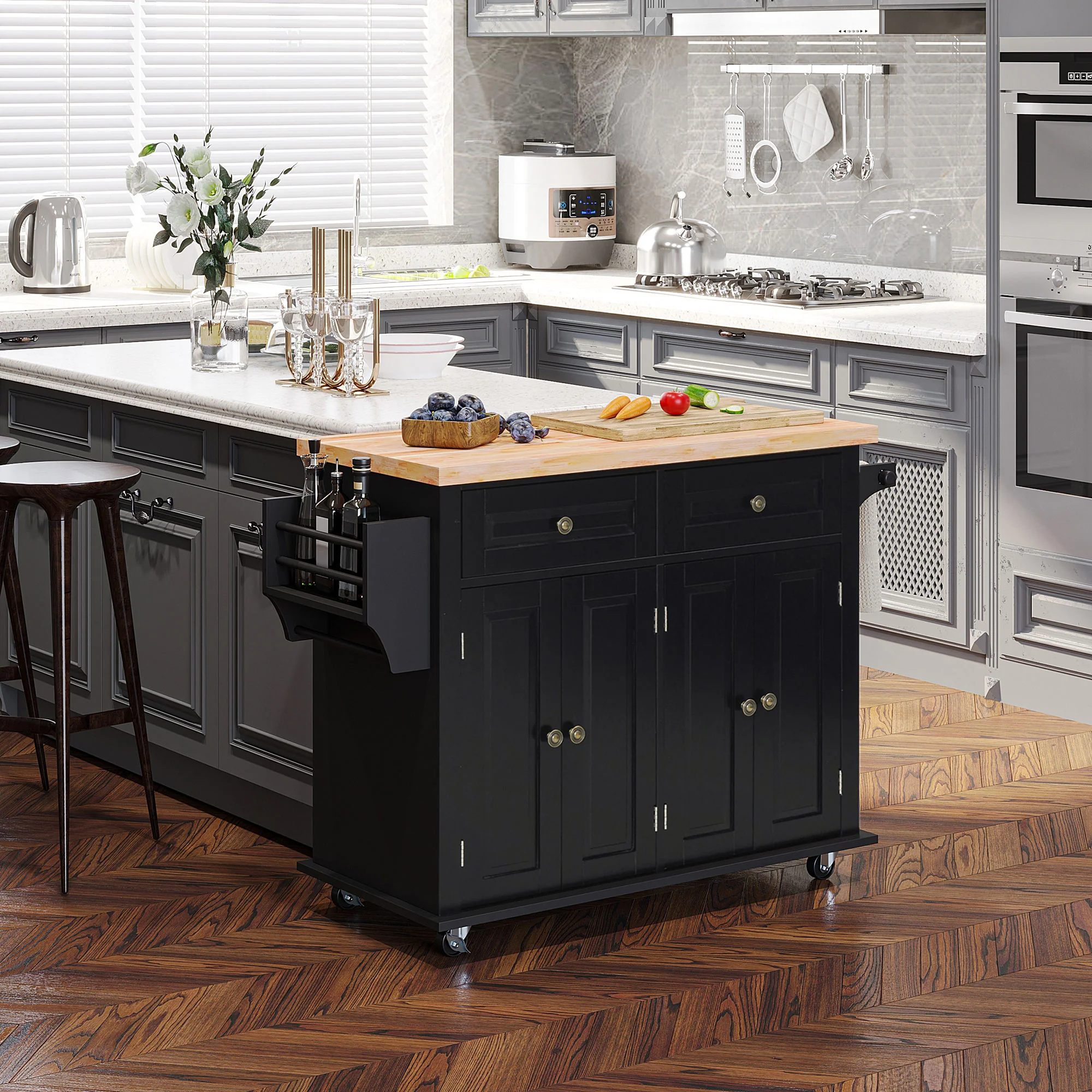 HOMCOM Rolling Kitchen Island Cart with Rubber Wood Top - Image 2