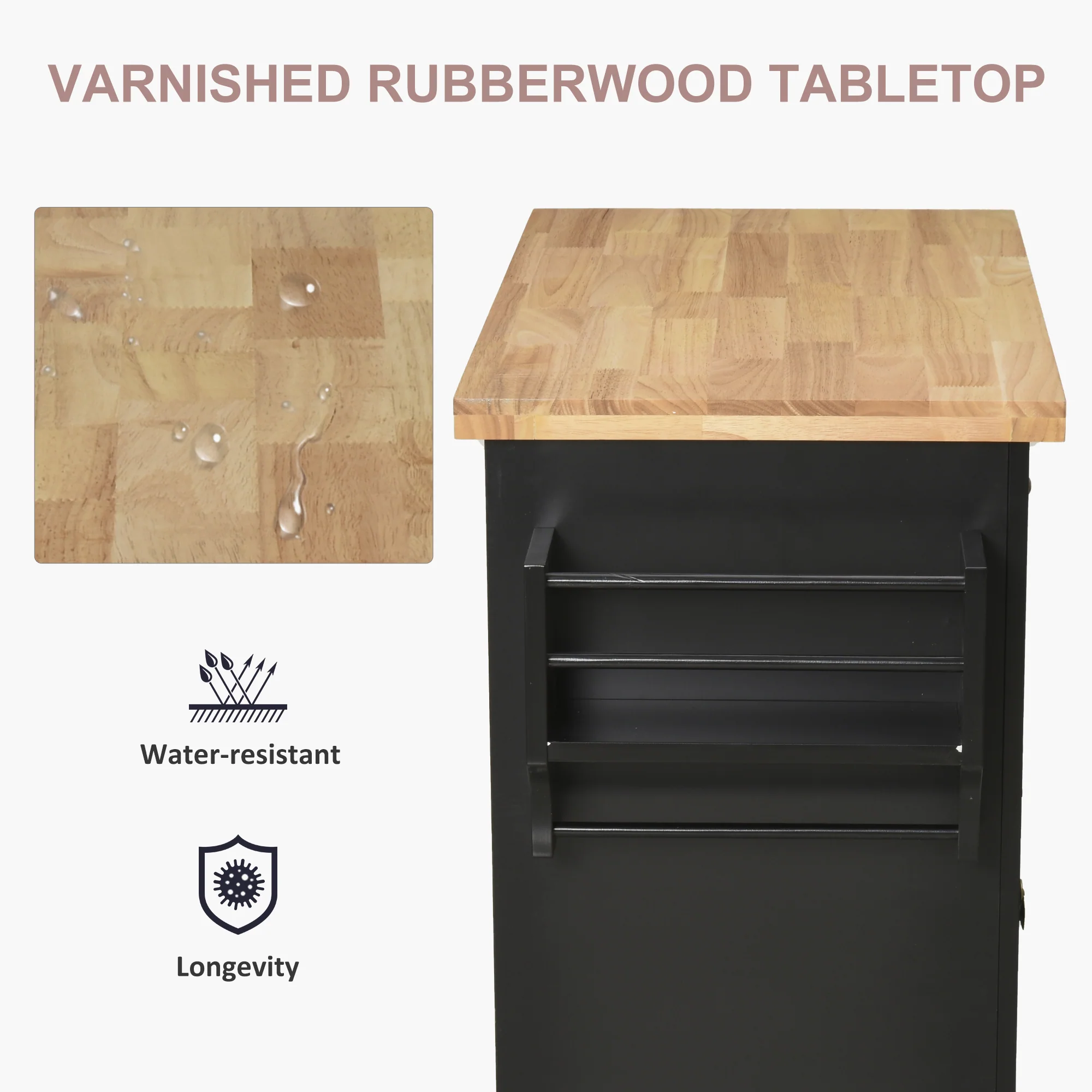 HOMCOM Rolling Kitchen Island Cart with Rubber Wood Top - Image 3