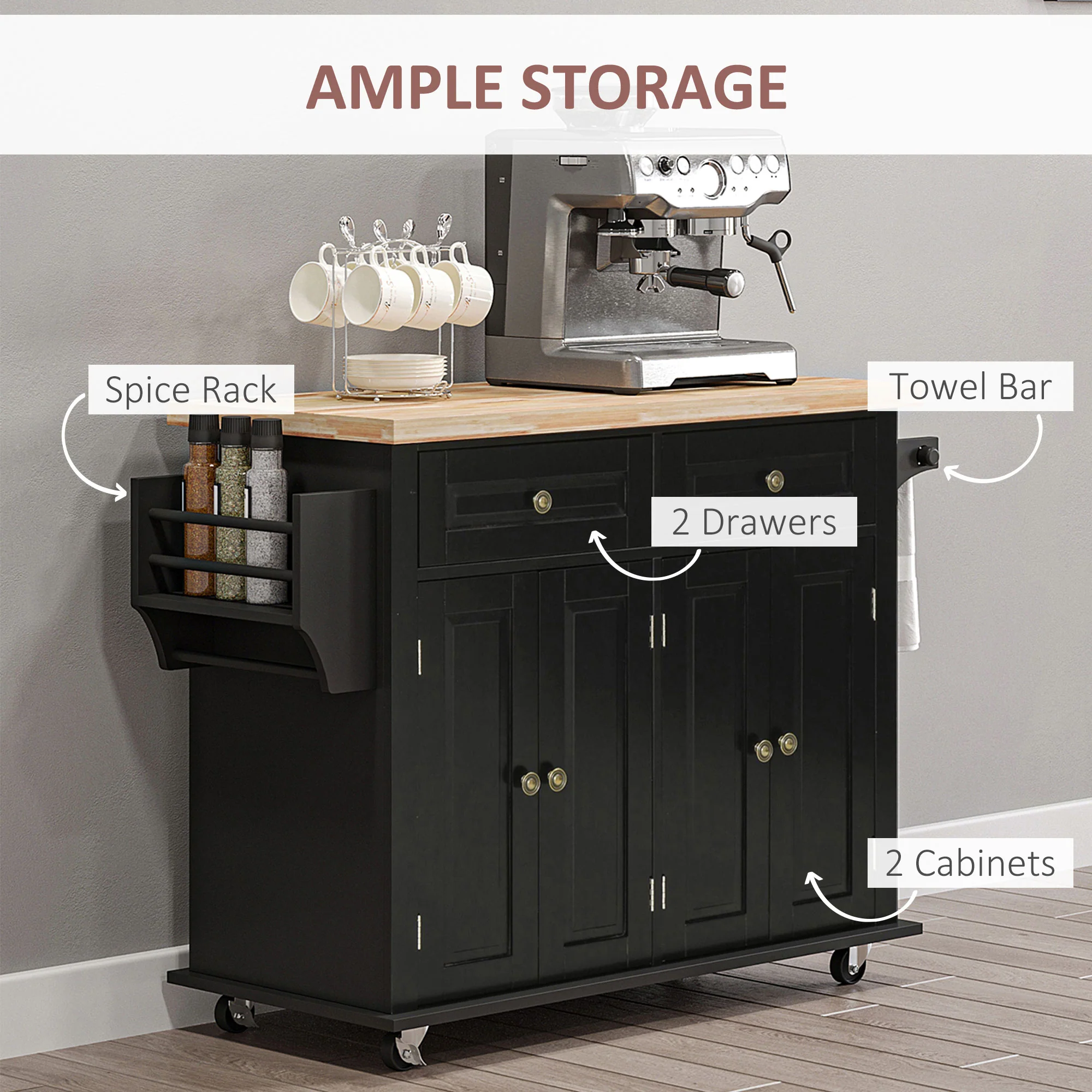 HOMCOM Rolling Kitchen Island Cart with Rubber Wood Top - Image 6