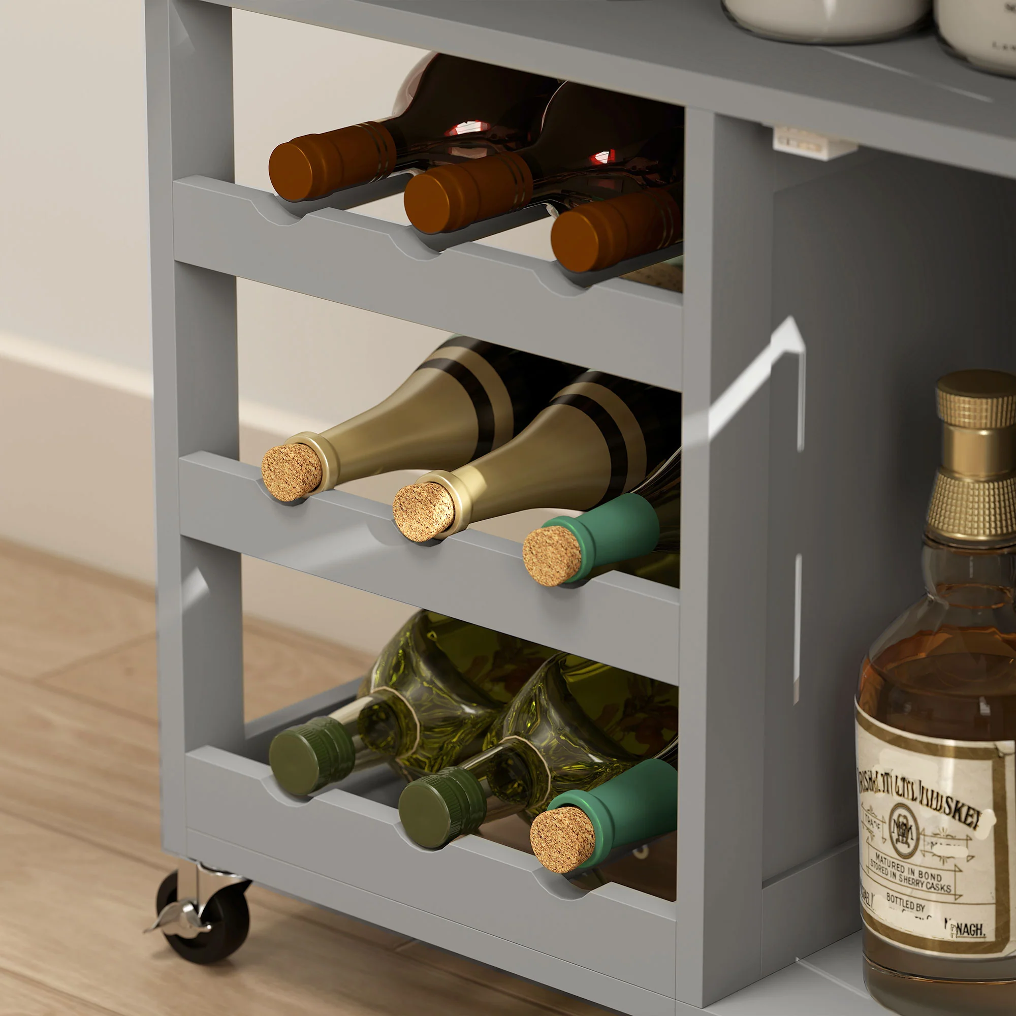 HOMCOM Rolling Kitchen Island Trolley Storage Cart w/ Rubberwood Top, Grey - Image 9