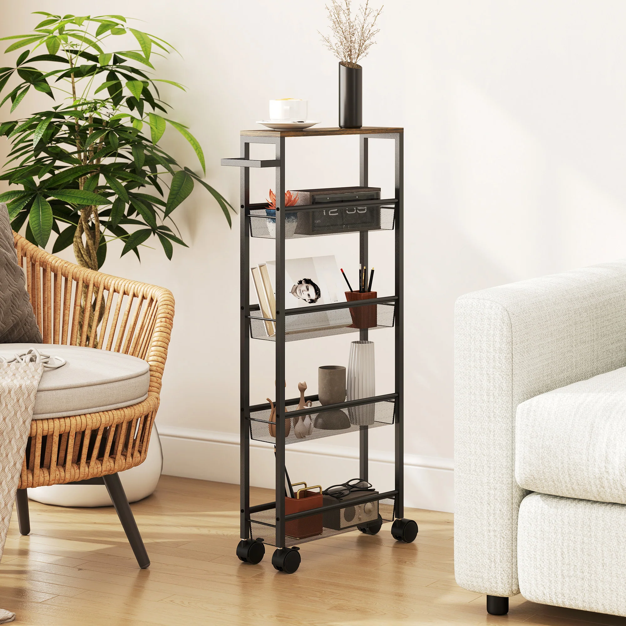 HOMCOM Rolling Kitchen Trolley, Slim Storage Cart With Metal Frame, Handle - Image 7