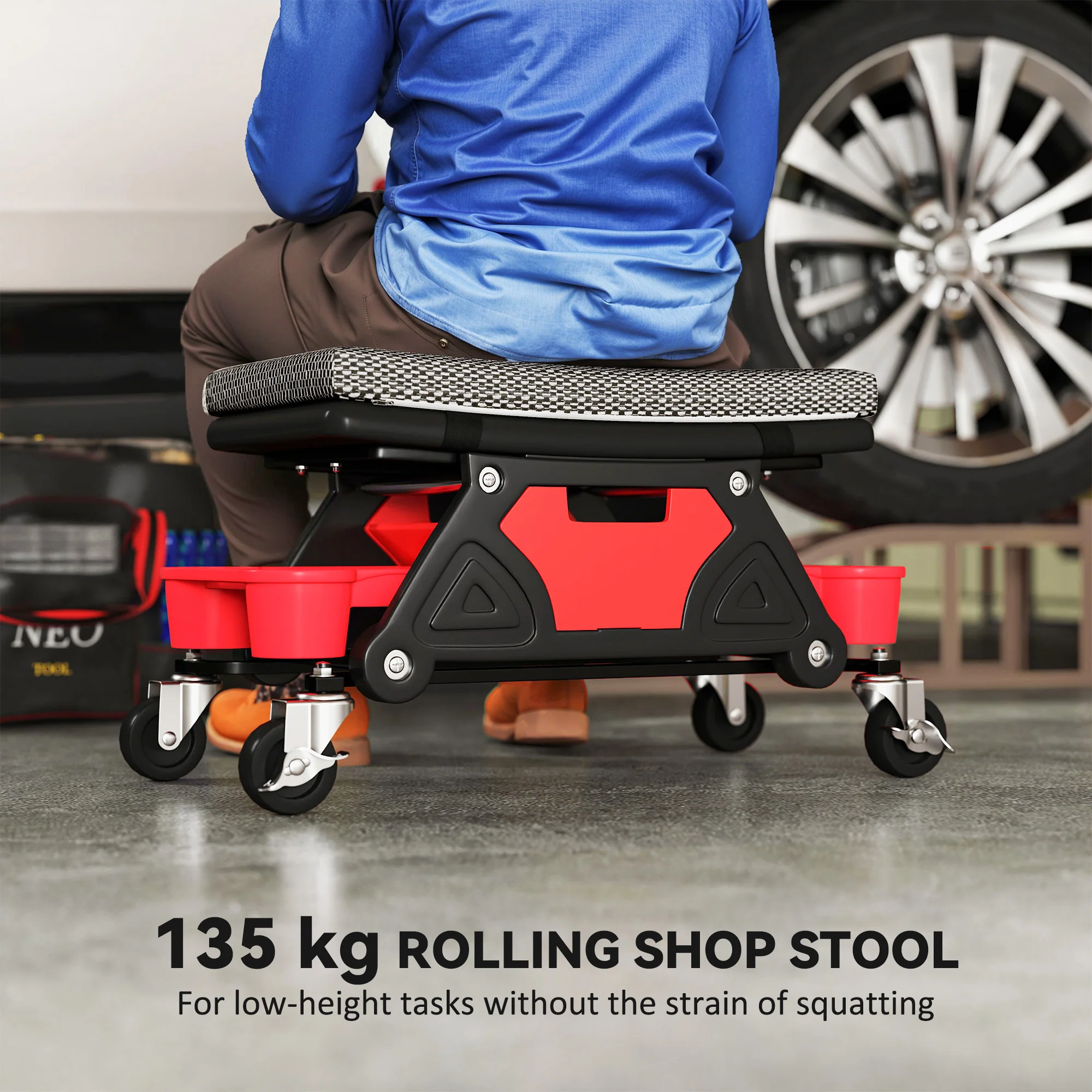 HOMCOM Rolling Mechanic Stool, 135kg Capacity Workshop Stool, Black - Image 3