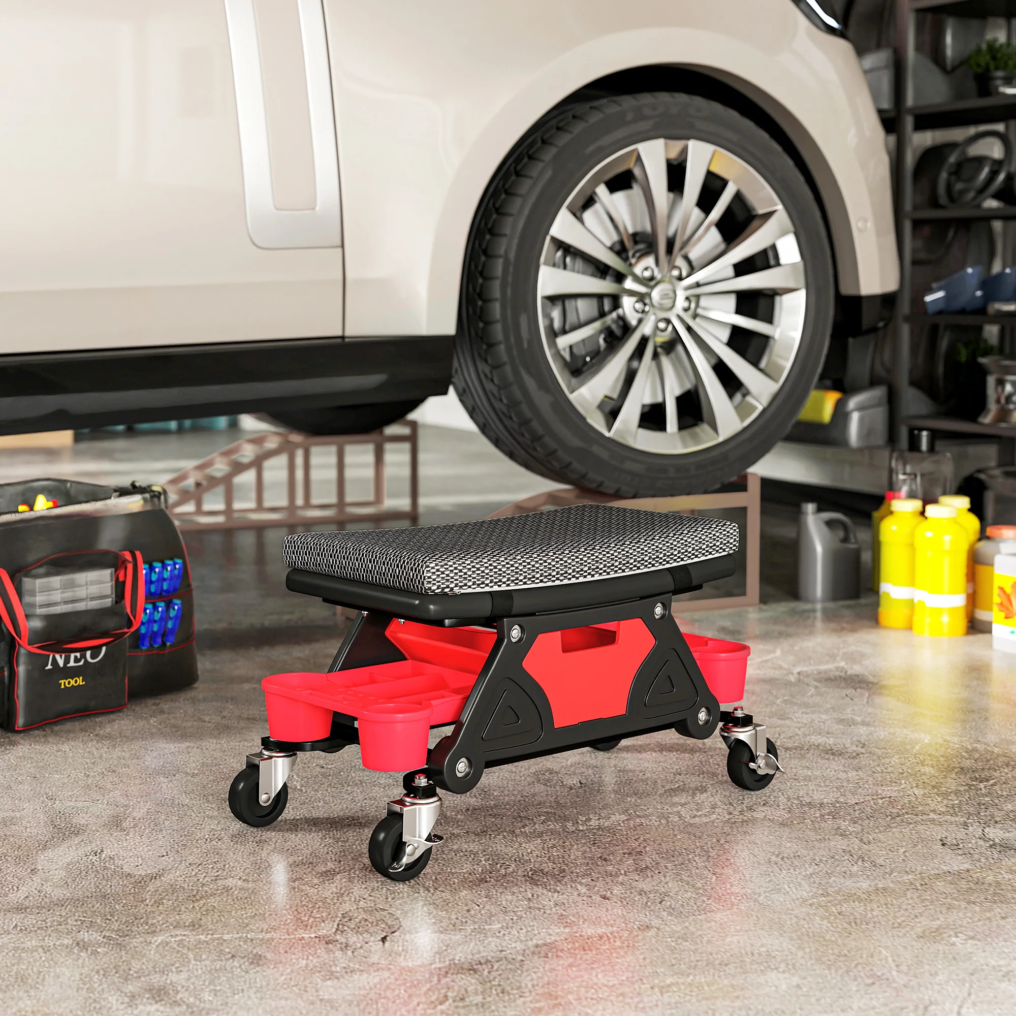 HOMCOM Rolling Mechanic Stool, 135kg Capacity Workshop Stool, Black - Image 8