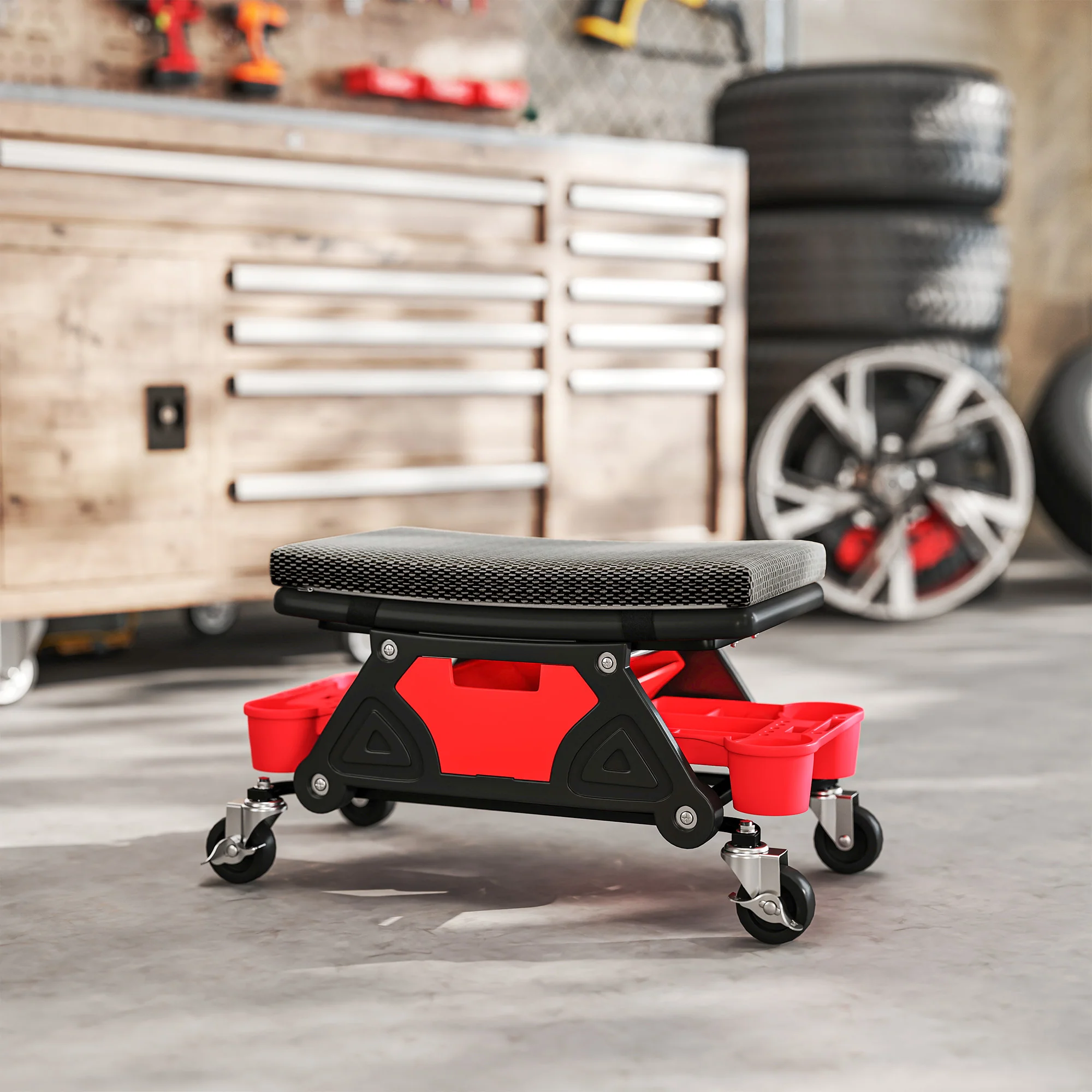HOMCOM Rolling Mechanic Stool, 135kg Capacity Workshop Stool, Black - Image 9