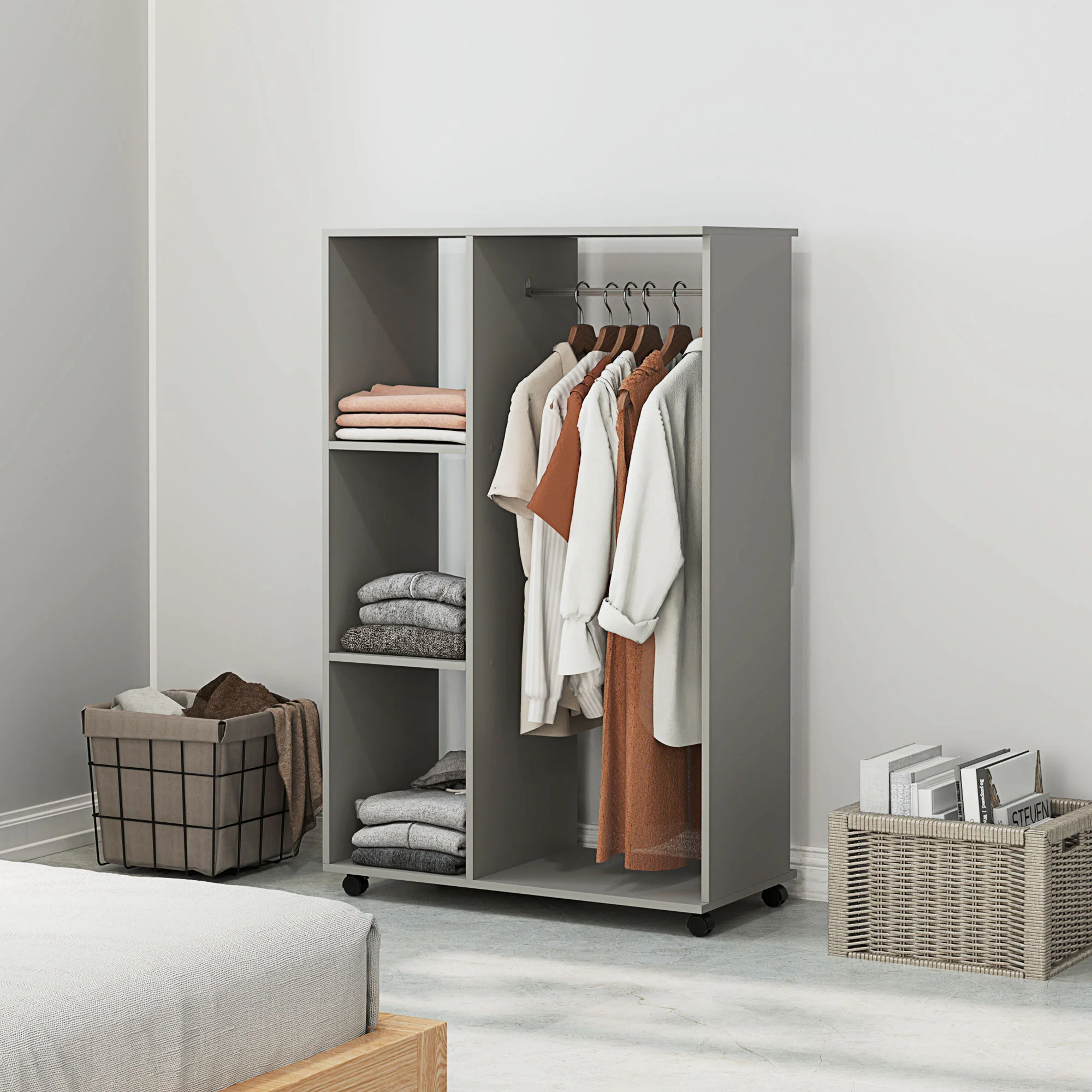 HOMCOM Rolling Open Wardrobe Hanging Rail Storage Shelves For Clothes, Grey - Image 2