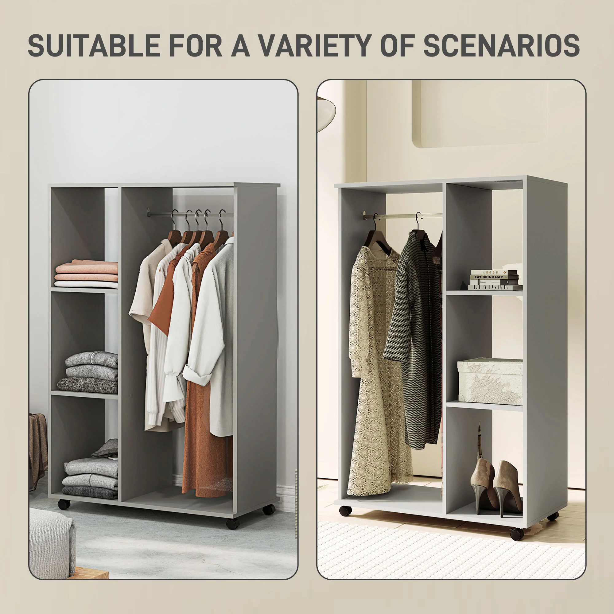 HOMCOM Rolling Open Wardrobe Hanging Rail Storage Shelves For Clothes, Grey - Image 3