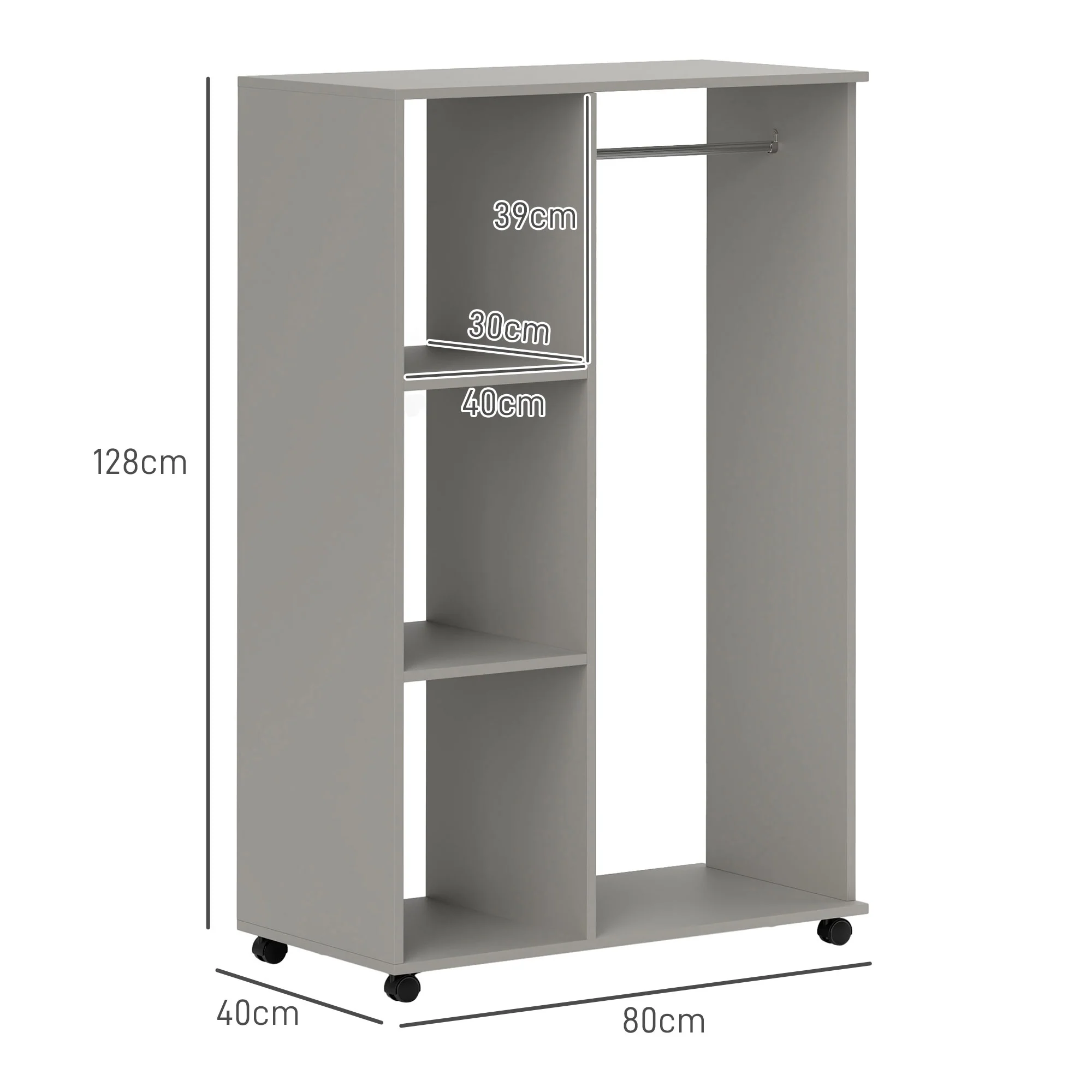 HOMCOM Rolling Open Wardrobe Hanging Rail Storage Shelves For Clothes, Grey - Image 5