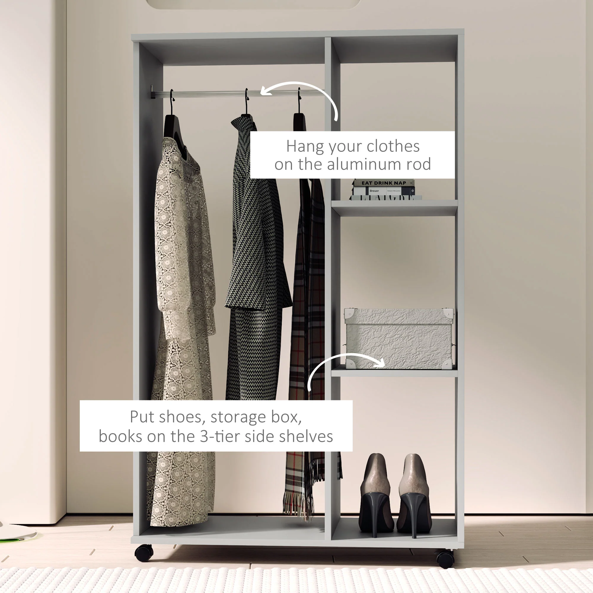HOMCOM Rolling Open Wardrobe Hanging Rail Storage Shelves For Clothes, Grey - Image 7
