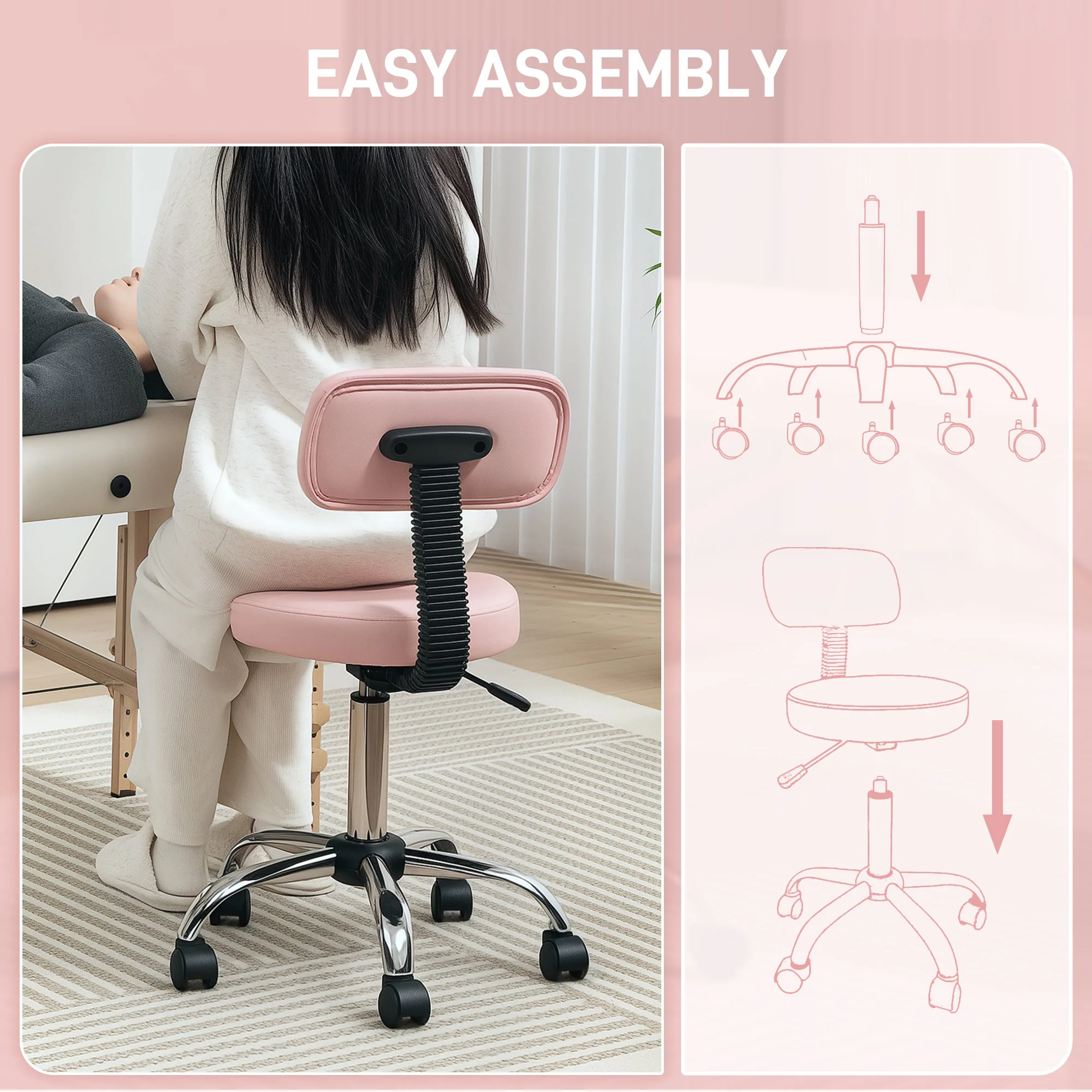 HOMCOM Rolling Stool With Backrest, Wheels, Faux Leather Salon Chair - Image 16