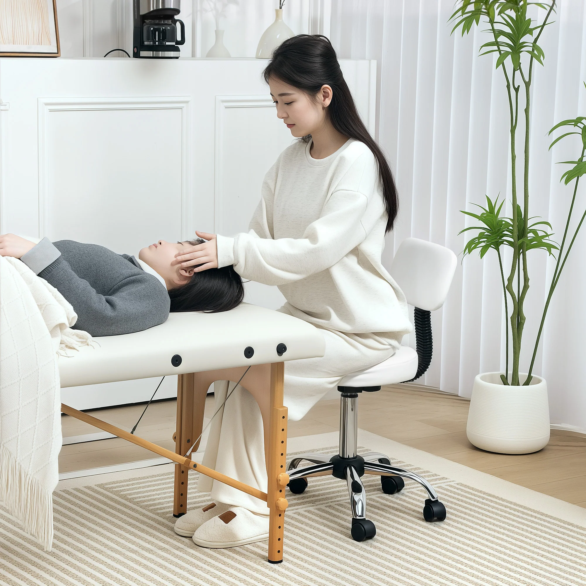 HOMCOM Rolling Stool With Backrest, Wheels, Faux Leather Salon Chair - Image 20