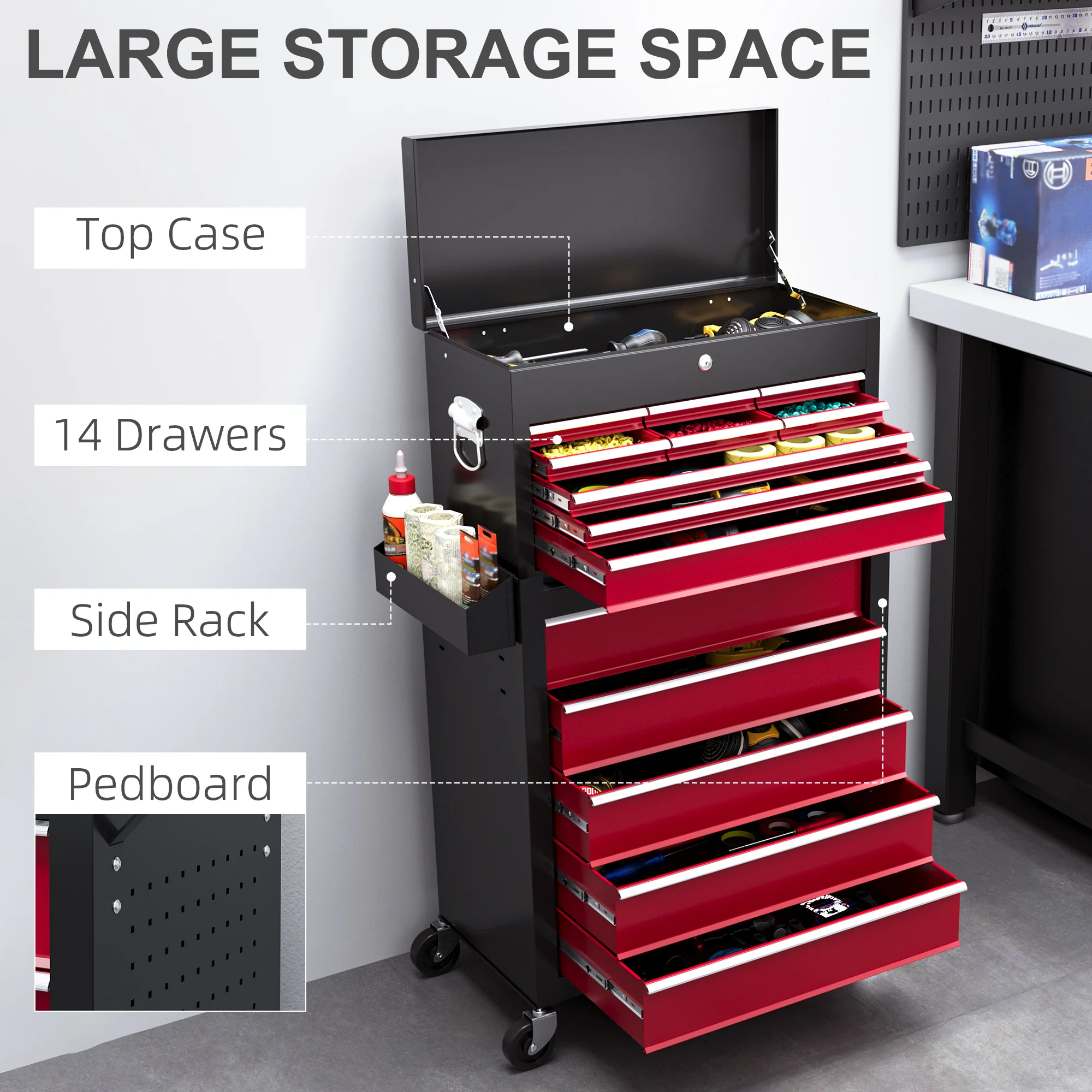 HOMCOM Rolling Tool Chest Lockable Roller Cabinet with with 14 Drawers Red - Image 3