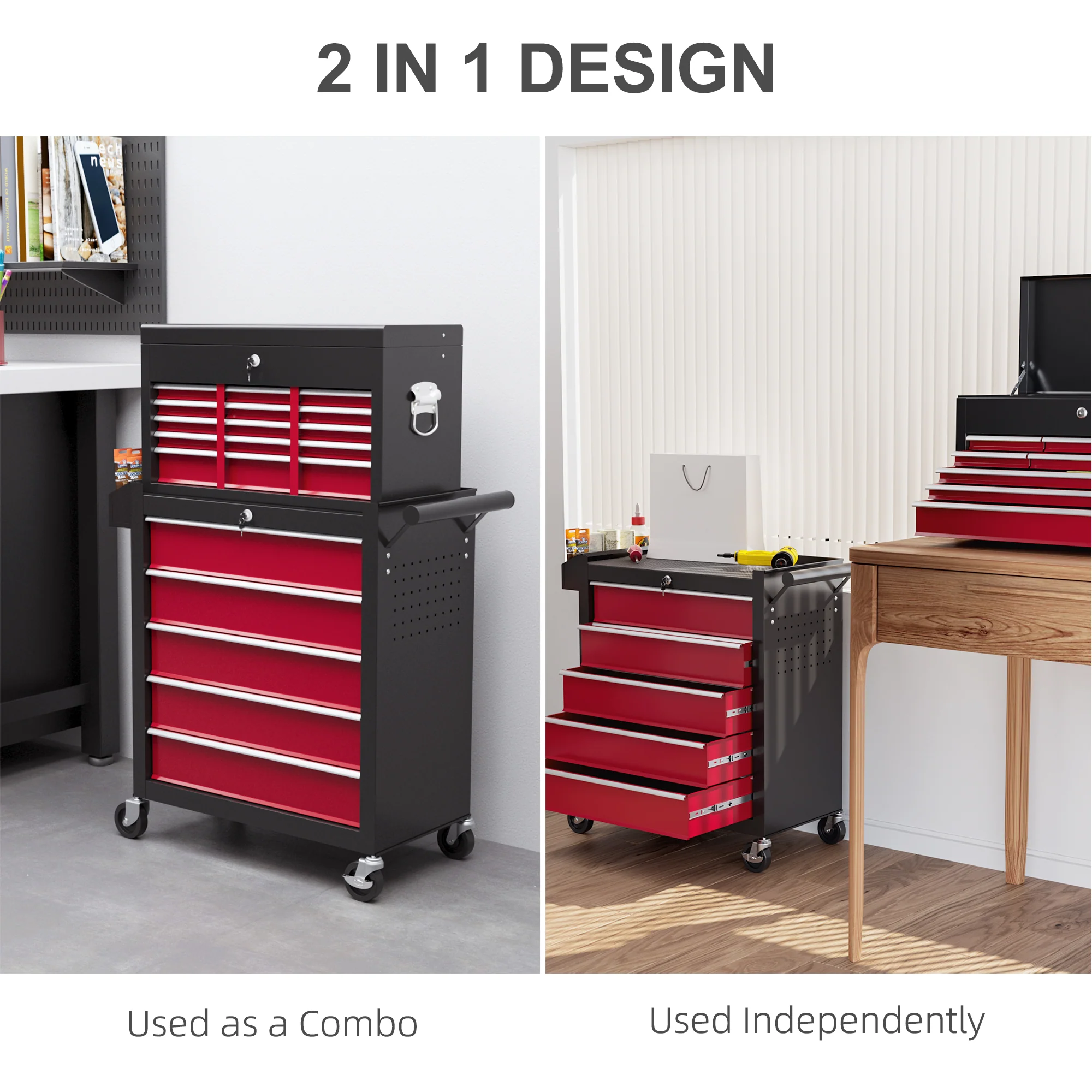 HOMCOM Rolling Tool Chest Lockable Roller Cabinet with with 14 Drawers Red - Image 4